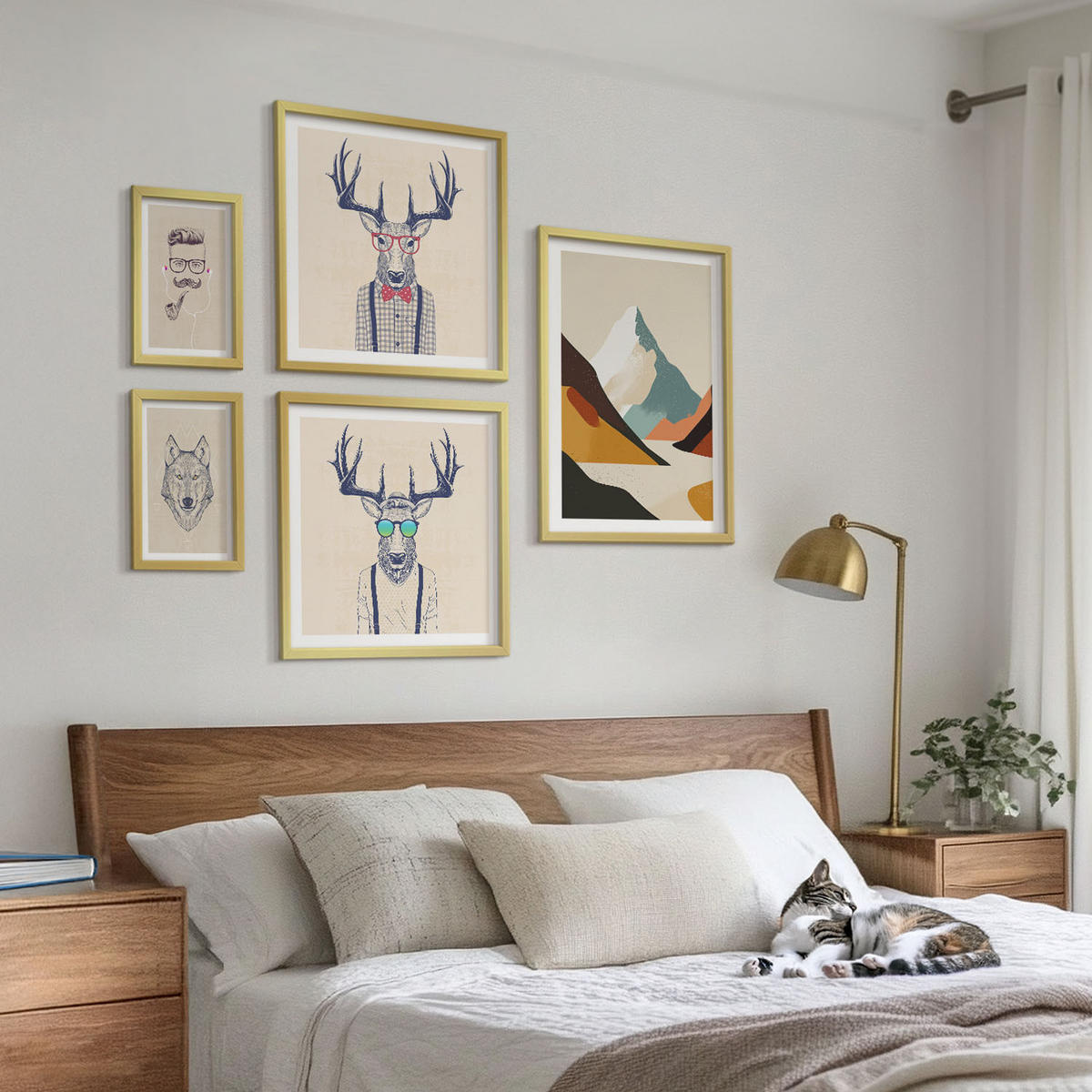 BILDER SET 5er Set - 50x50 cm & 20x30 cm & 40x60 cm Goldrahmen - Strand, Leuchtturm, Berge, Wiesen, Blumen - Goldfarben, Kunststoff (40/60cm) - TULUP
