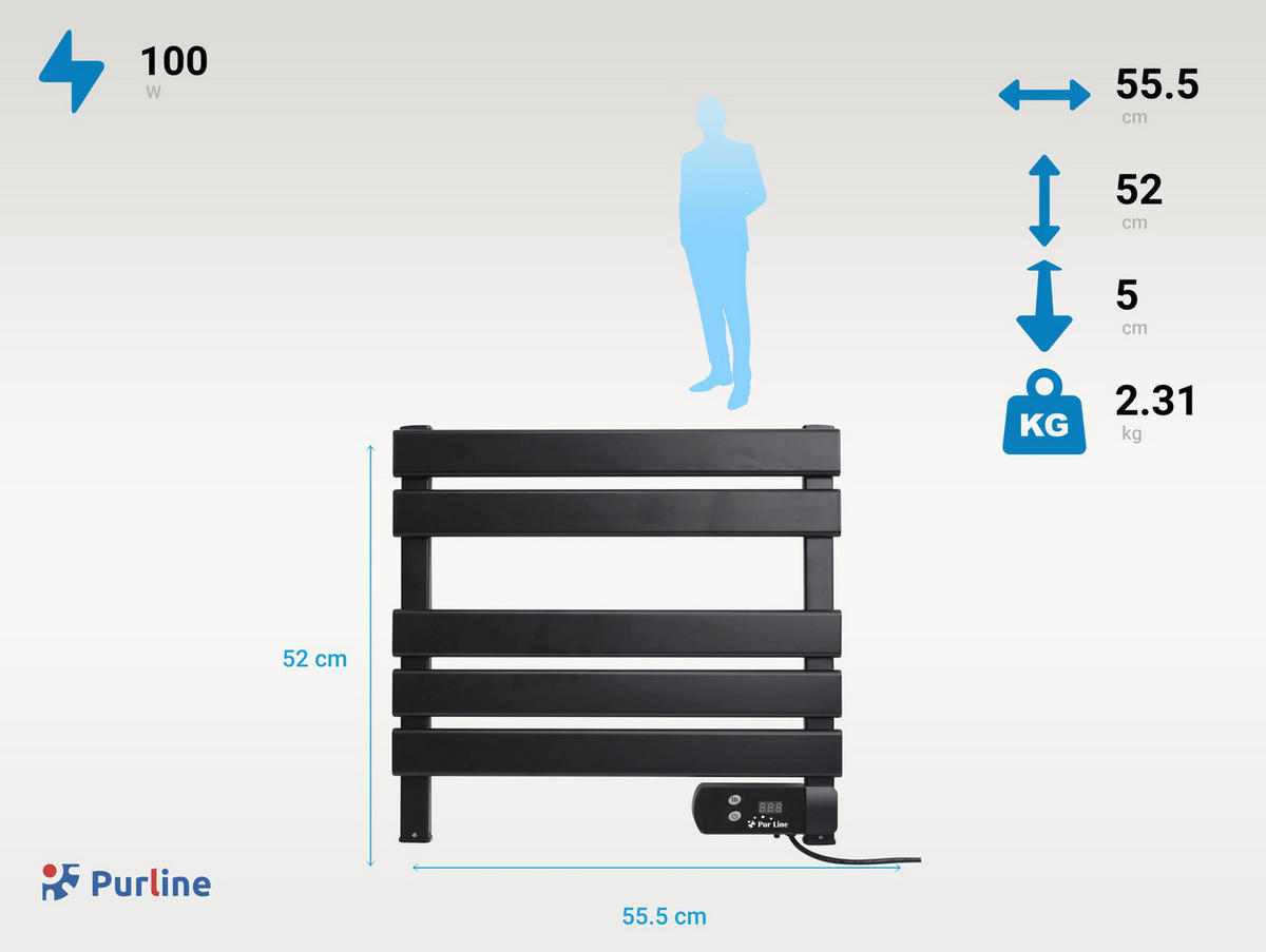 HANDTUCHTROCKNER Schwarz mit Elektrosystem und Wandhalterung 100 W - Schwarz, Metall (56/52/5cm) - Purline