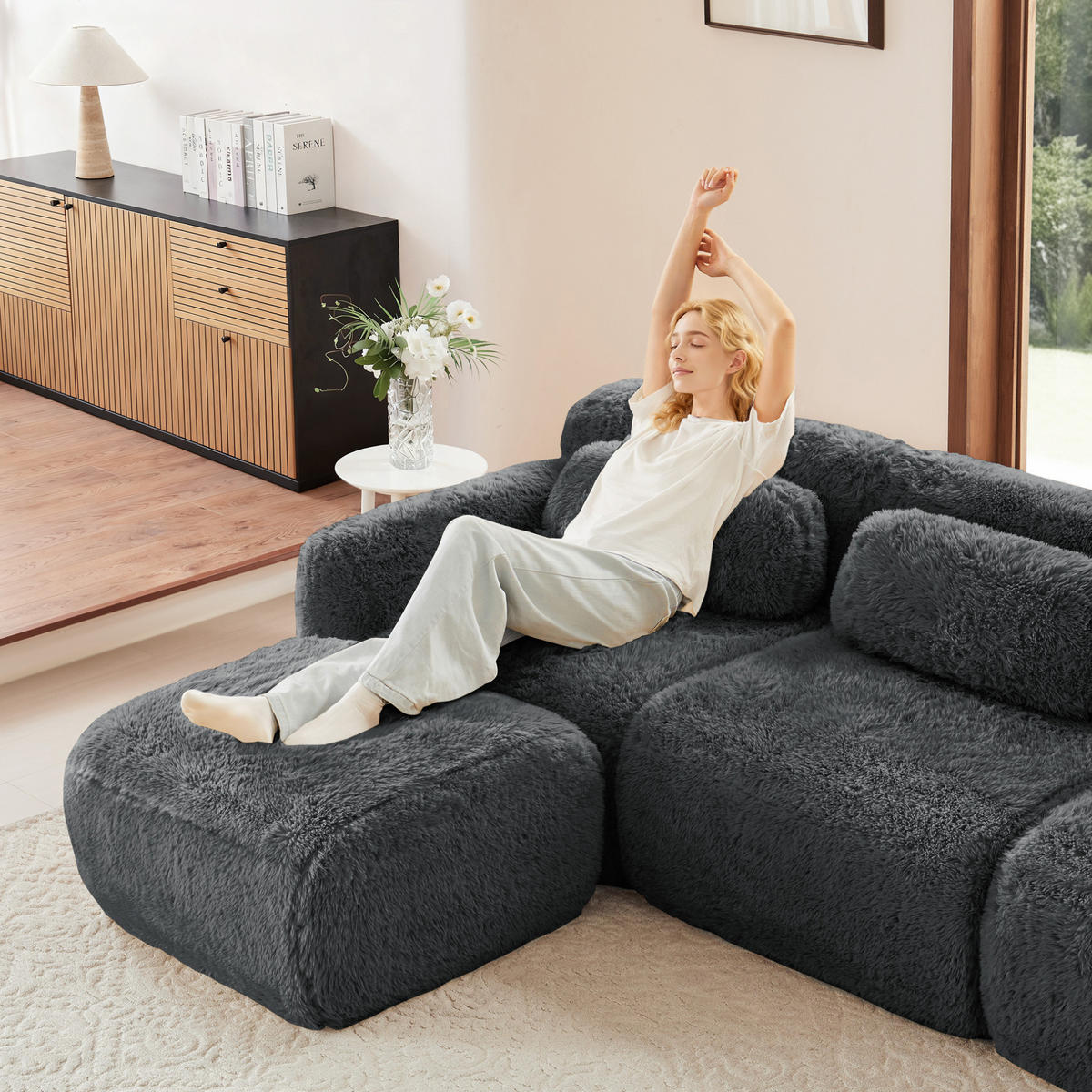 ECKSOFA aus Plüsch in Grau mit modularem Design & ohne Montage - Grau, Textil (179/73/378cm) - Modfu