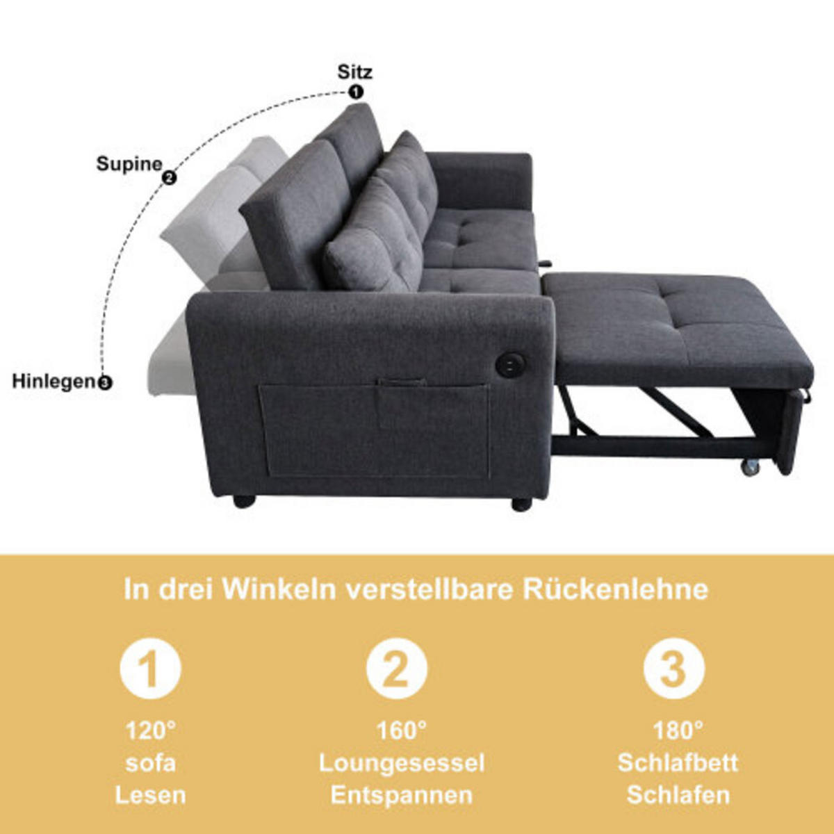 DOPPELSCHLAFSOFA 142x85x83cm aus Leinen 3-in-1, grau - Grau, Textil (85/142cm) - Luhomfu