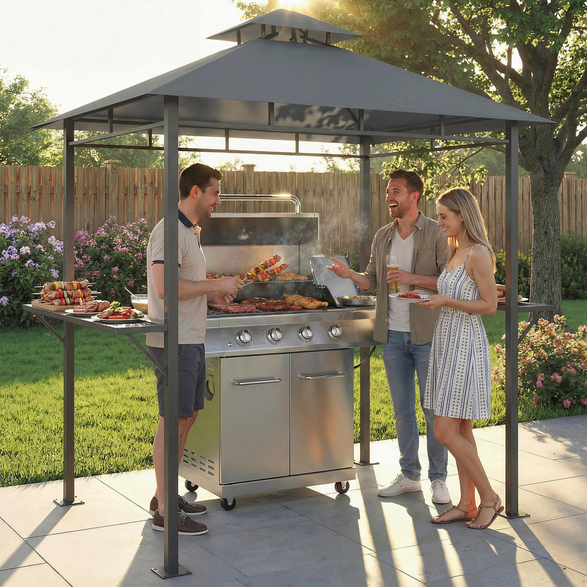 GRILLPAVILLON Polyester Metall Dunkelgrau - Dunkelgrau, Metall (146/255/245cm) - Outsunny