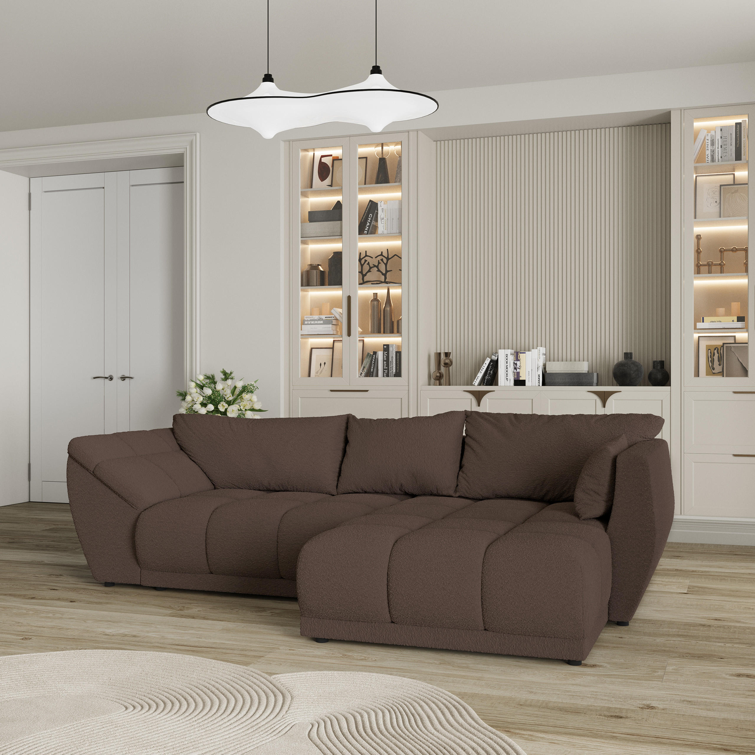 ECKSOFA ORENTI R-S Braun Boucle-Stoff mit Schlaffunktion - Braun, Holz (287/182cm) - MASSENO
