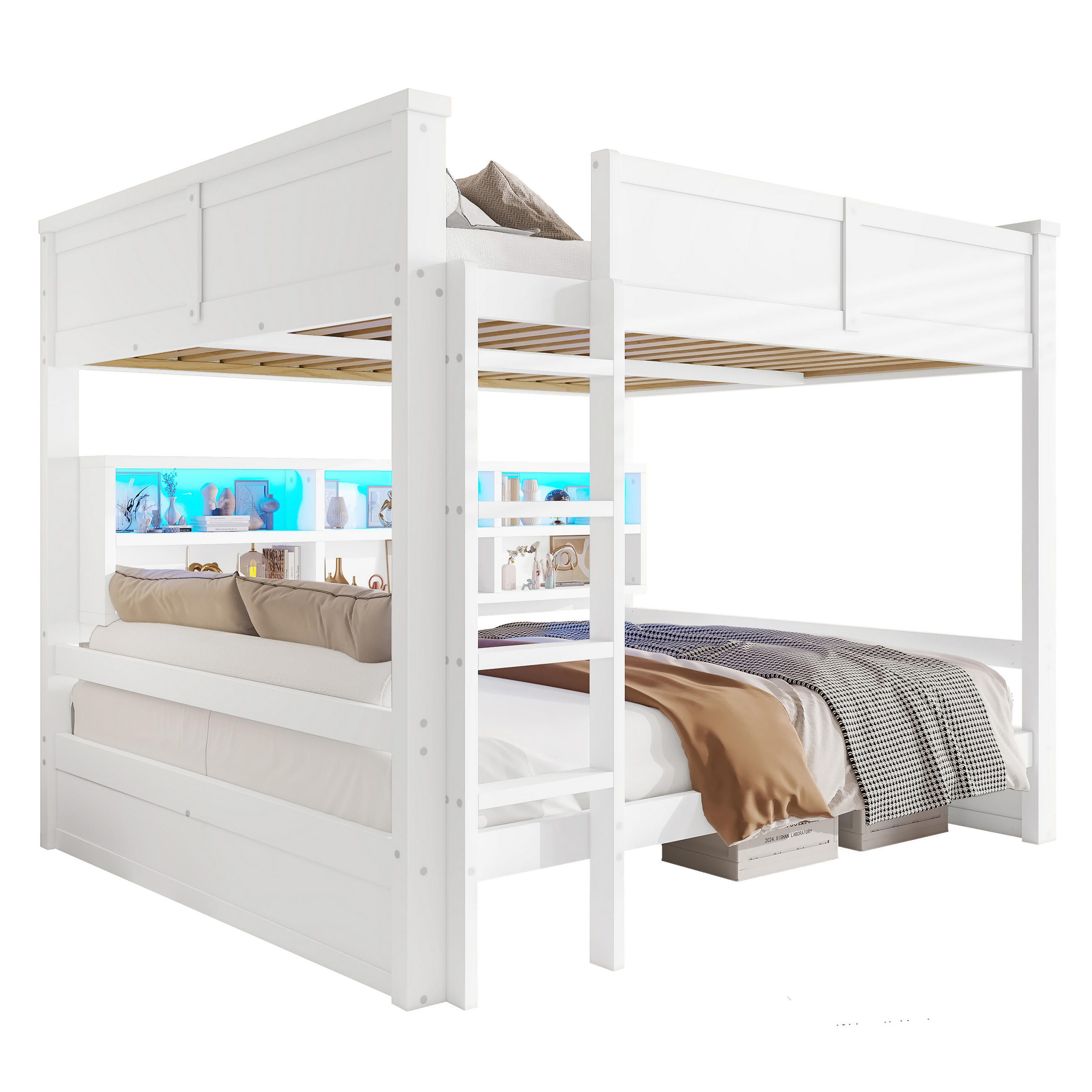 ETAGENBETT 160/200 cm in Weiß mit 6 Schränken und LED - Weiß, Holzwerkstoff (160/200cm) - STILVORA