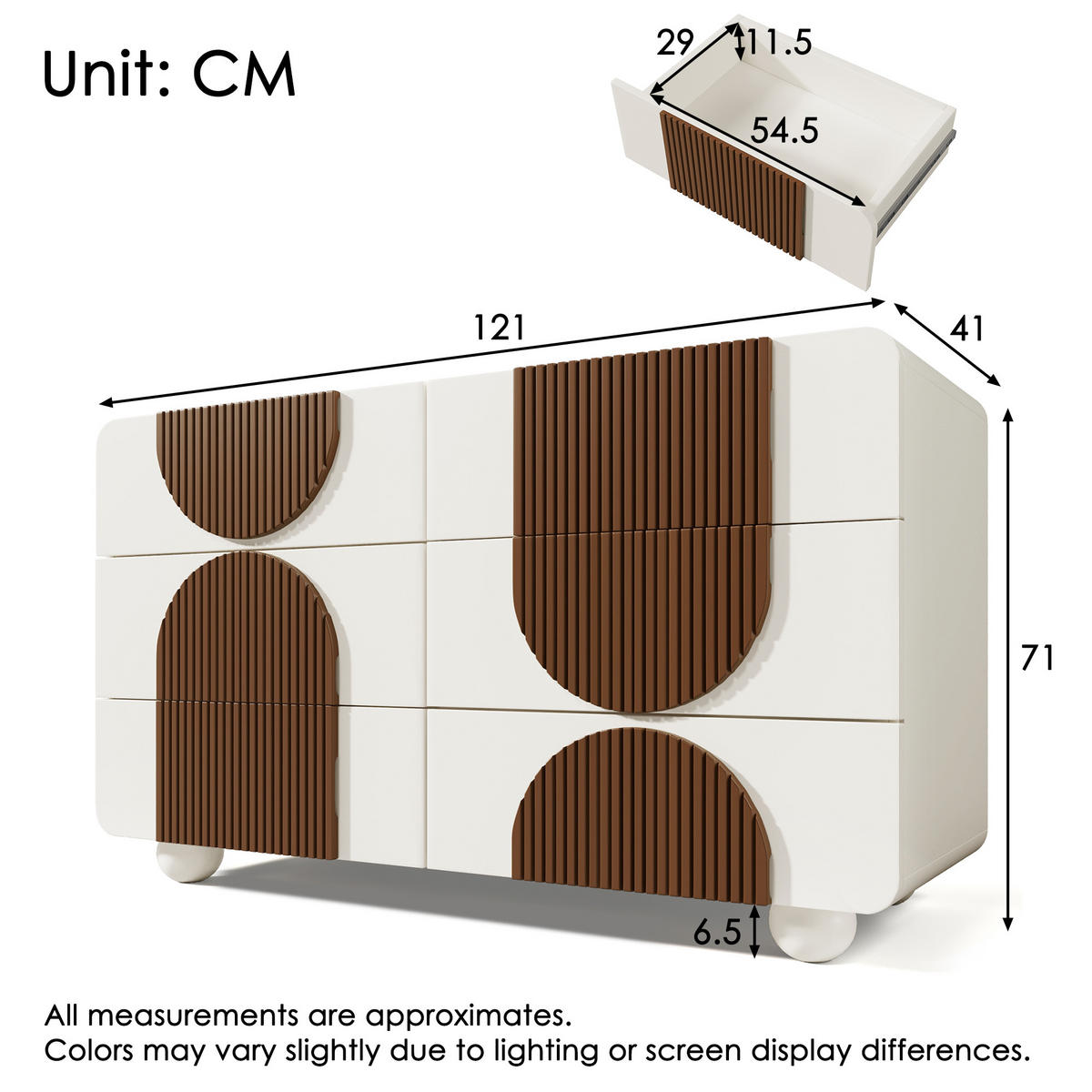 SIDEBOARD Weiß Holzleisten mit 6 Schubladen Geschwungenes Design 121×71 cm - Weiß, Holzwerkstoff (121/71/41cm) - Urban Meuble