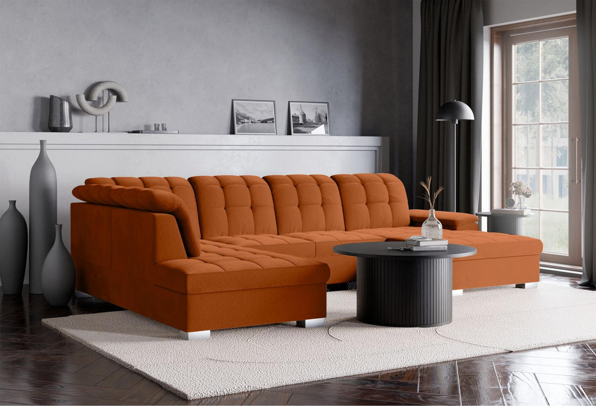 WOHNLANDSCHAFT Jamaal Kupfer Velours rechtsseitig - Schwarz/Kupferfarben, Textil (330/106/212cm) - Selsey