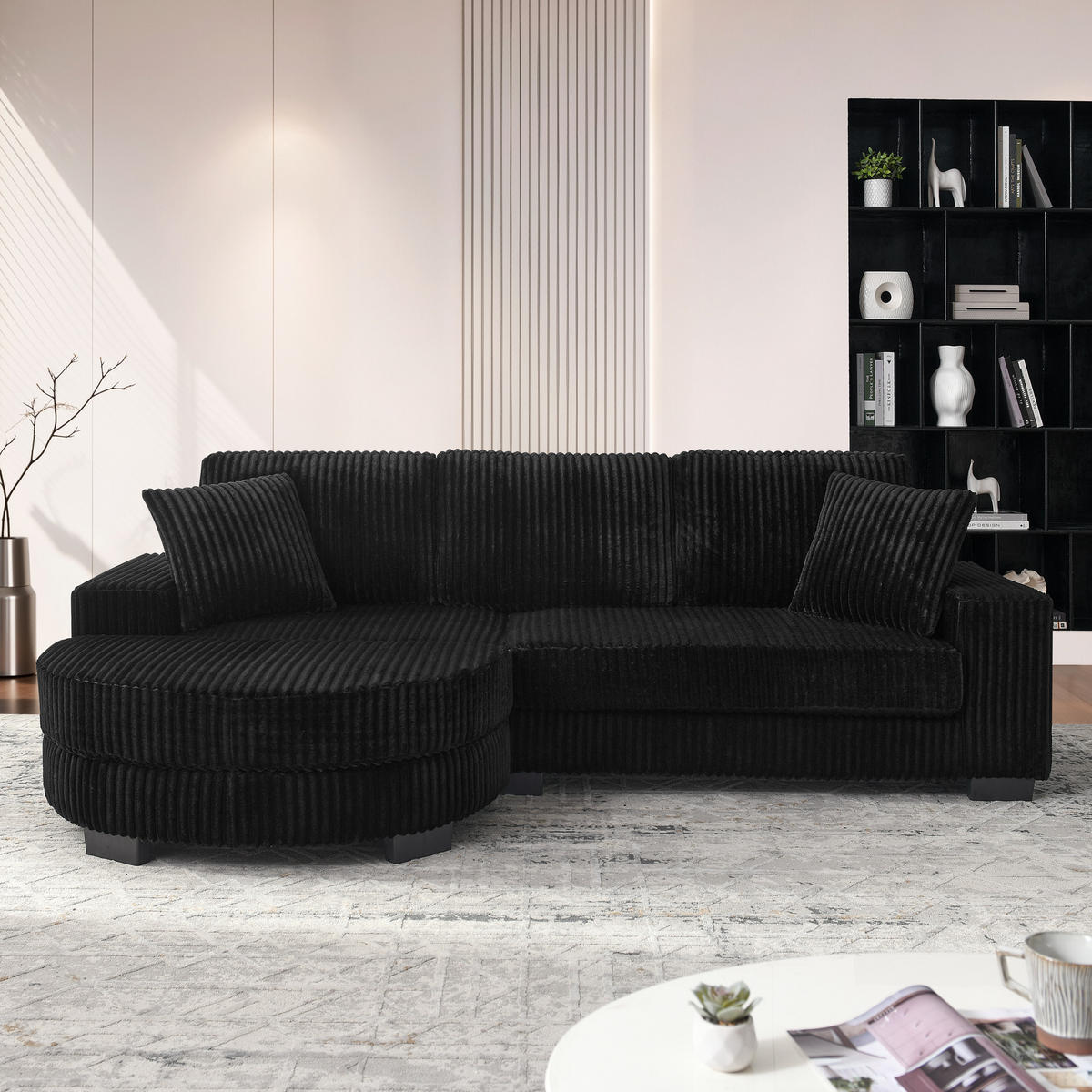 ECKSOFA 256.5/133.5/89 cm Schwarz Cord mit 2 Kissen und ovaler Fußhocker - Schwarz, Textil (133.5/89/256.5cm) - Oxeza