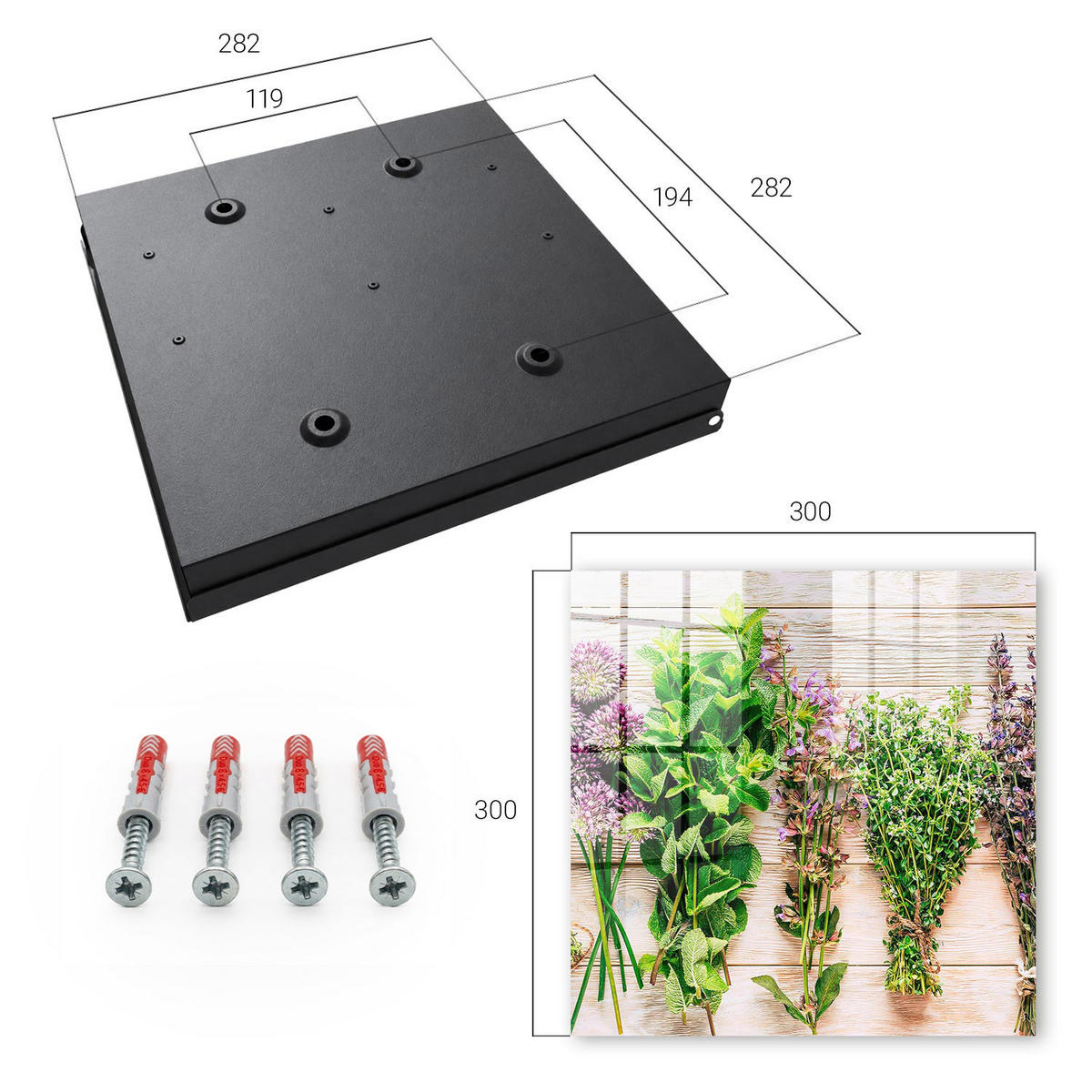SCHLÜSSELBOX Schwarz 30x30 cm- Türöffnung nach rechts - Grüne Kräuter - Grün, Metall (30/30/5cm) - TULUP