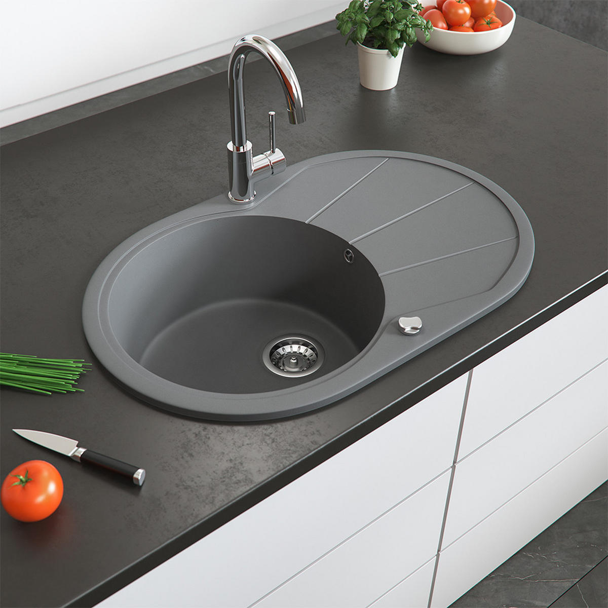 SPÜLBECKEN Grau 78 x 50 cm Rund mit Trockenplatz - Grau, Keramik (78/20/50cm) - Bergstroem