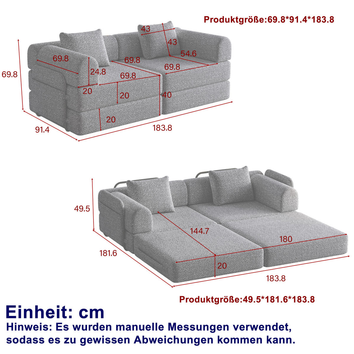SCHLAFSOFA 2-in-1 mit Armlehnen-Ablagefach Chenille Schwarz - Schwarz, Textil (91.4/69.8/183.8cm) - OKWISH