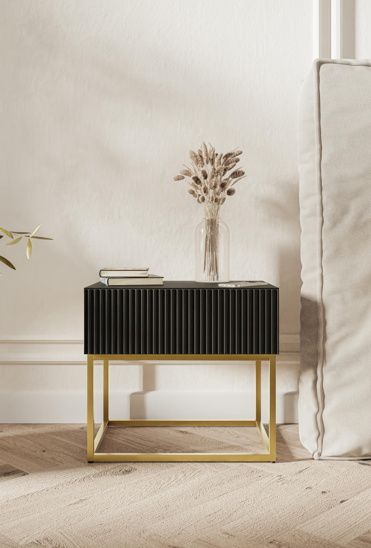 NACHTSCHRANK Veldio Schwarz mit goldenen Metallbeinen 50 cm - Goldfarben/Schwarz, Holzwerkstoff/Metall (50/44/35.6cm) - Selsey