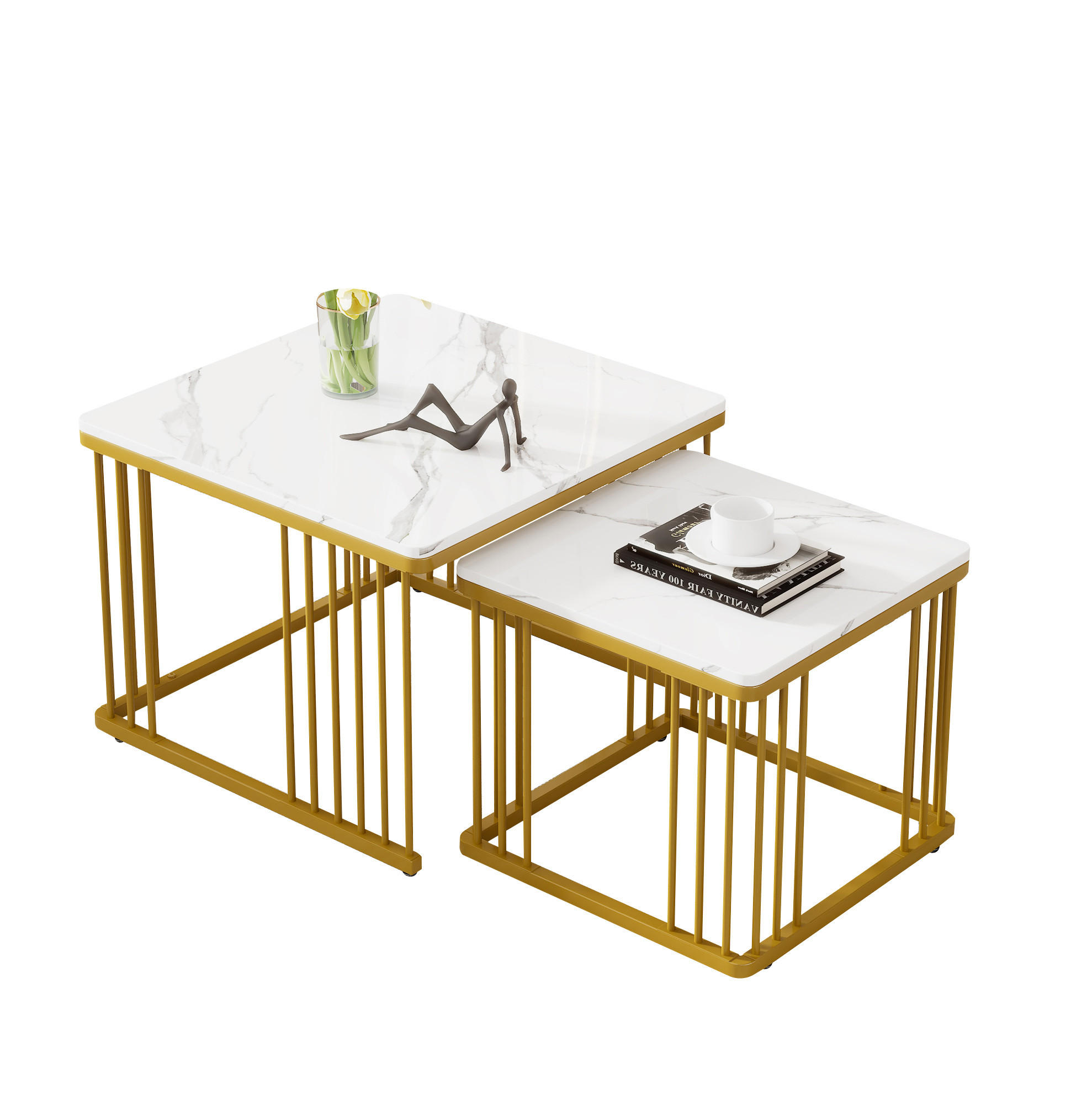 OKWISH KONFERENČNÉ stolíky 60/60/45 a 45/45/40 cm biele so zasúvateľným riešením z MDF v mramorovom dekore