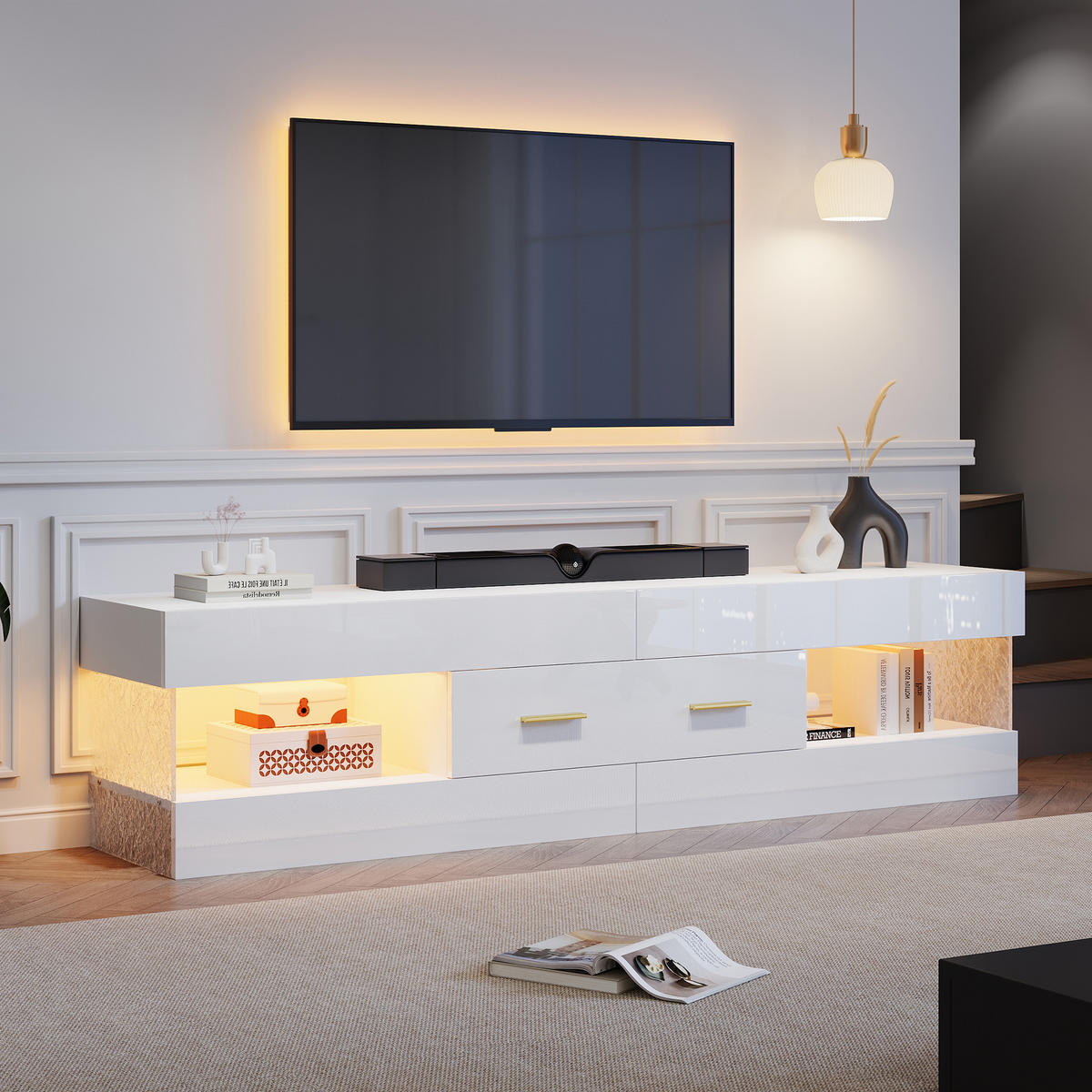 TV-ELEMENT152X35X40CM Weiß Lowboard mit App-gesteuerter LED-Beleuchtung - Weiß, Holz (46.71/18.21/89cm) - Raelunyi