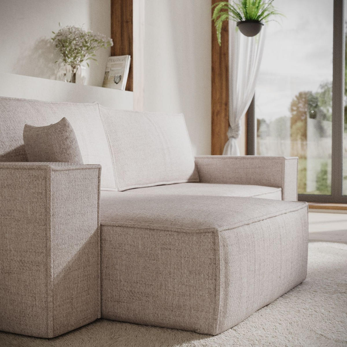 ECKSOFA CAVO mit Schlaffunktion Hellbeige im Neve Stoff - Sandfarben/Schwarz, Holz/Holzwerkstoff (255/148cm) - AltaBeds