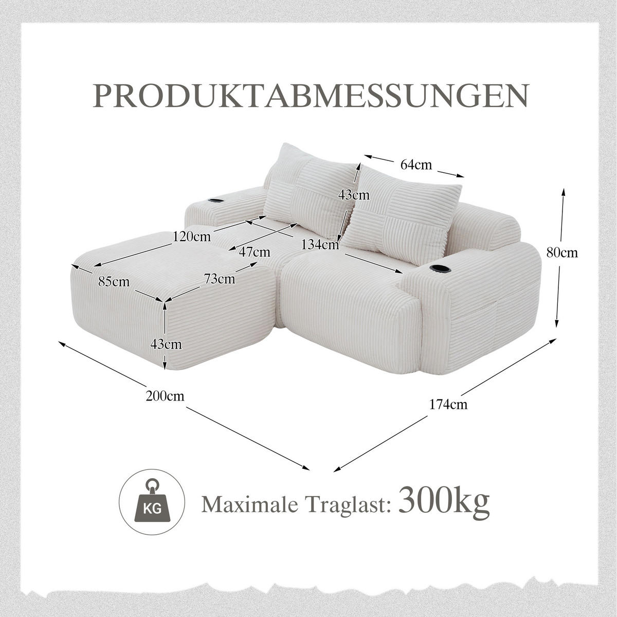 MODULARES 2-Sitzer Sofa Cord mit Getränkehalter und Seitentasche 200/174/80 cm Beige - Beige, Textil (174/200cm) - Redom