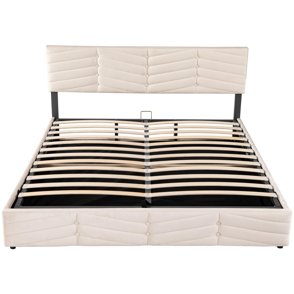 BETT Streifen-Stil Samt 180x200 Beige Hydraulischer Stauraum - Beige, Textil - Raelunyi