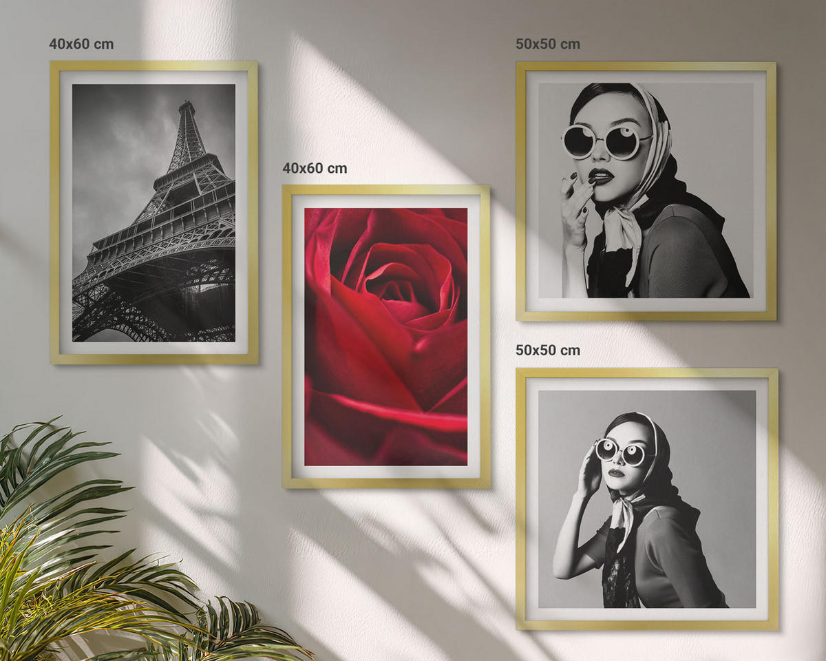 BILDER SET 4er Set - 50x50 cm & 40x60 cm Goldrahmen - Pariserin mit Eiffelturmbrille - Goldfarben, Kunststoff (50/50cm) - TULUP
