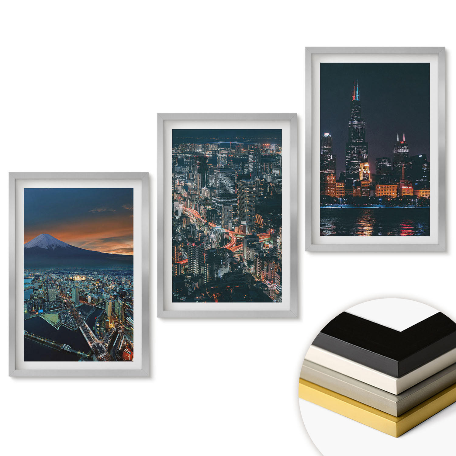 WANDBILDER 3er Set - 40x60 cm Silberner Rahmen - Bergpanorama der Stadt bei Nacht - Silberfarben, Kunststoff (40/60cm) - ArtPrintCave