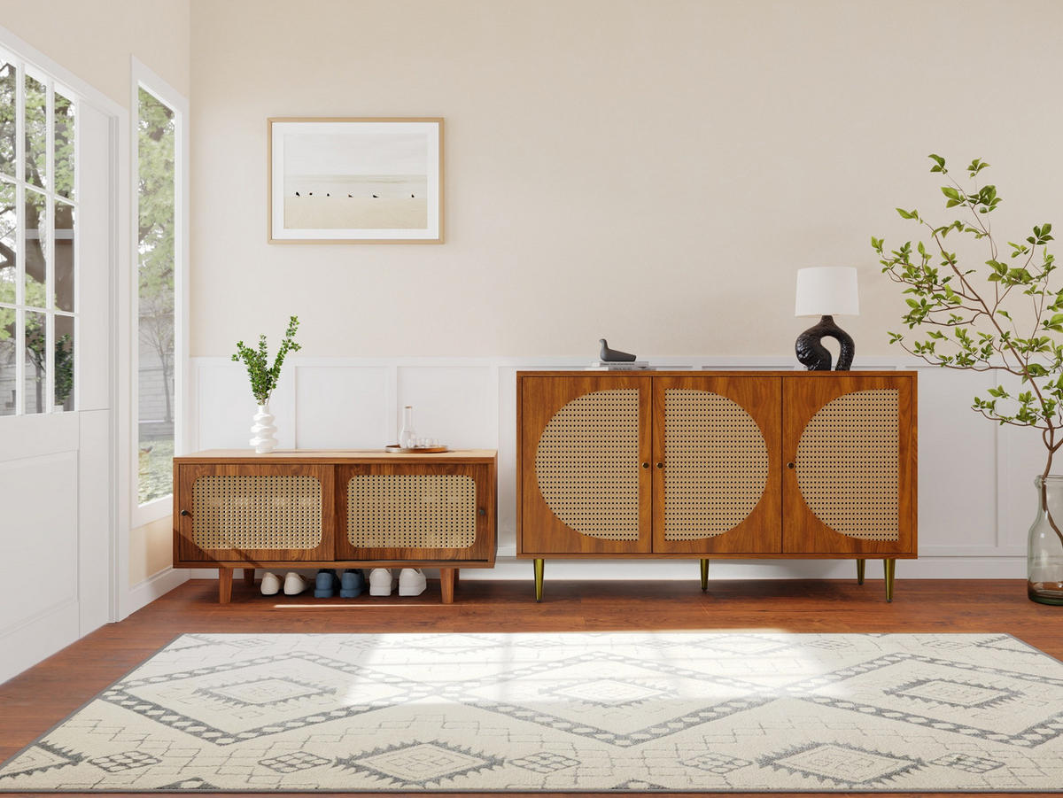 SCHUHSCHRANK in Walnuss mit Rattan, 3 Türen und 2 Schiebetüren,104/40/48 cm - Walnussfarben, Holzwerkstoff (40/48/104cm) - Flora Grace