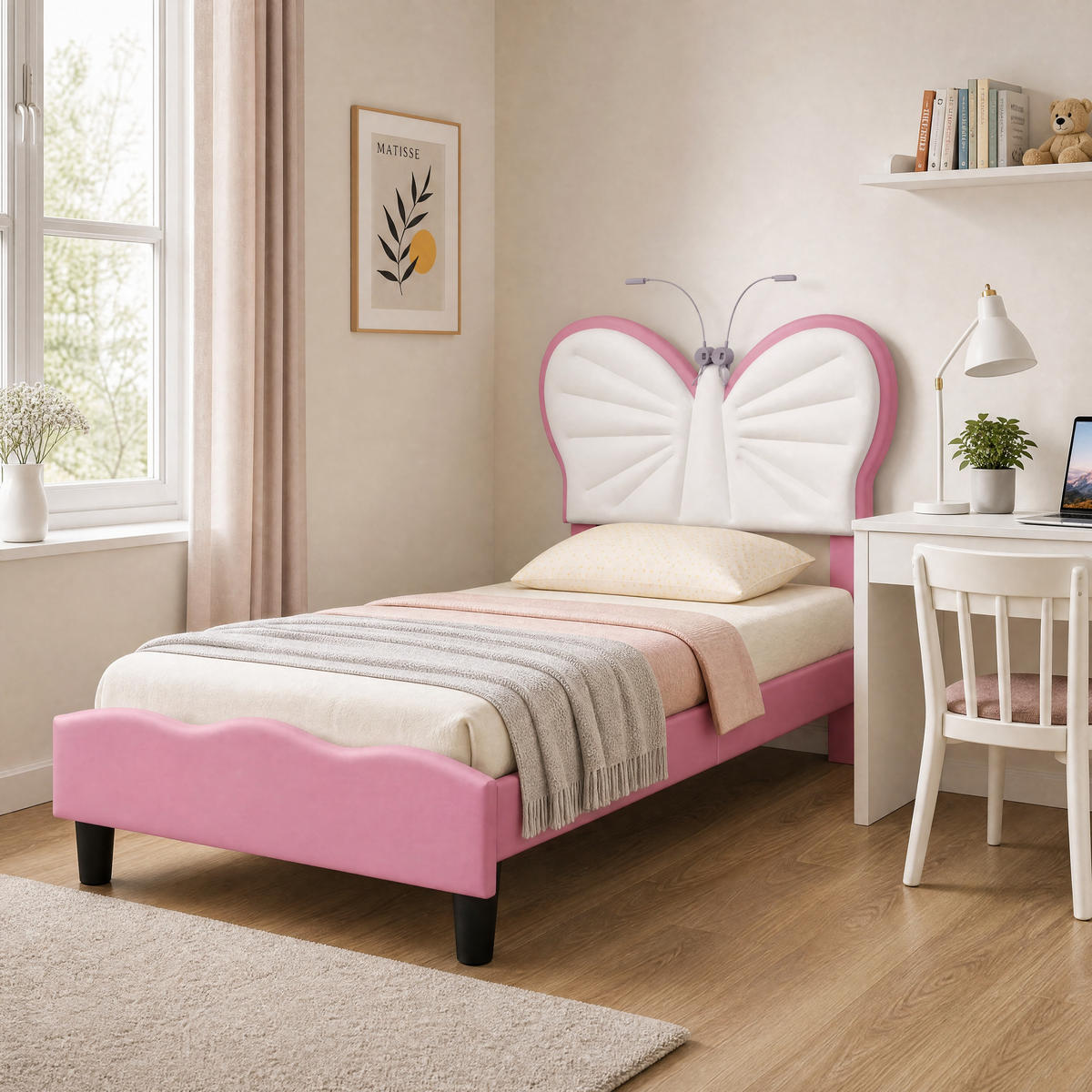POLSTERBETT 90x200cm rosa/weiß Schmetterling, Leselampe, Kopfpolster - Pink/Naturfarben, Leder/Holz (90/200cm)