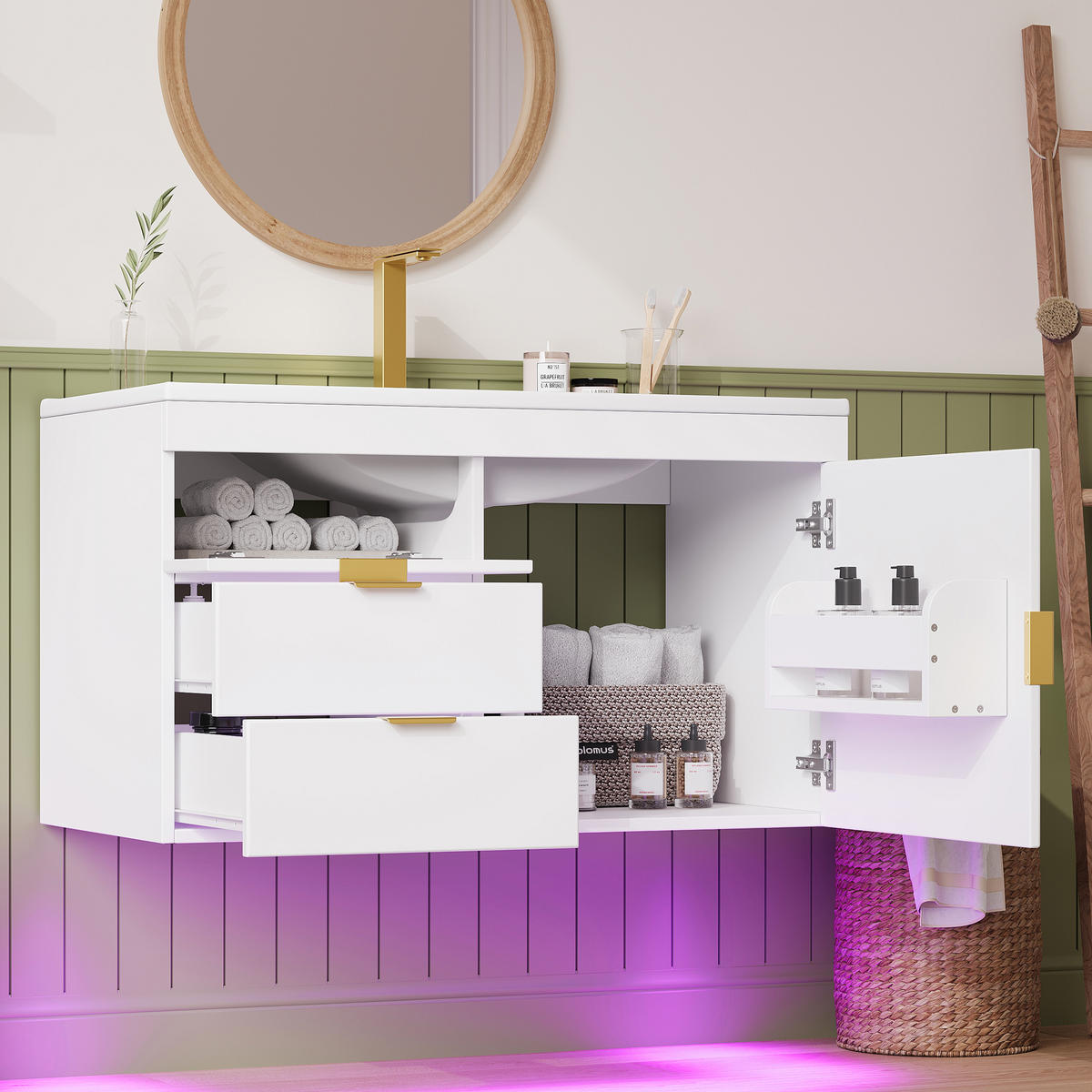 WASCHTISCHUNTERSCHRANK 76cm LED App Keramik Waschbecken Weiß - Weiß, Holzwerkstoff (76/51/46cm) - FLIEKS