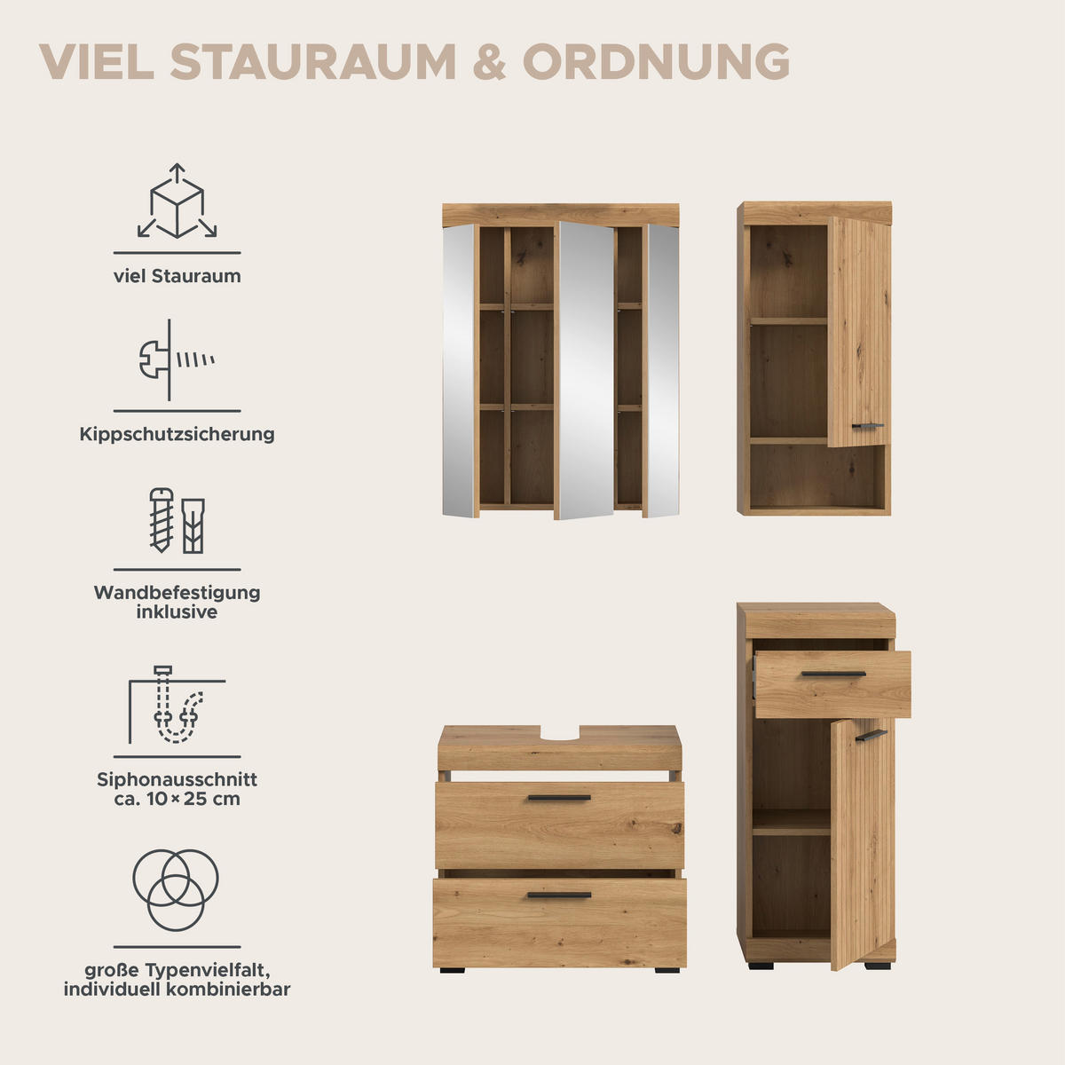 BADEZIMMER Vento 4-tlg. (B/H/T: ca. 112/191/34 cm) in Artisan Eiche /Artisan Eiche - Eiche Artisan, Holz (112/191/34cm)