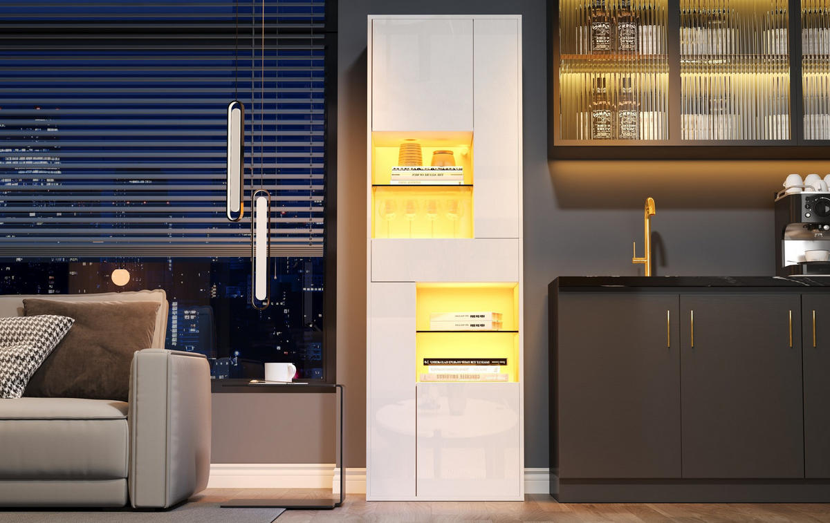 VITRINA 55/38/170 cm bijela od iverice s LED rasvjetom i visokim sjajem - bijela, drvni materijal (55/170/38cm) - OKWISH