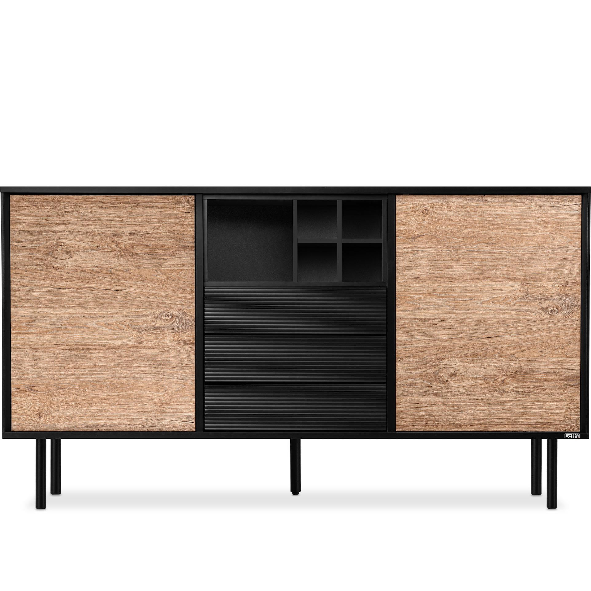 KOMMODE LOFTY Weineinlage, schwarz / Eiche natur - Eichefarben/Schwarz, Holzwerkstoff (151/84/41cm) - KONSIMO®