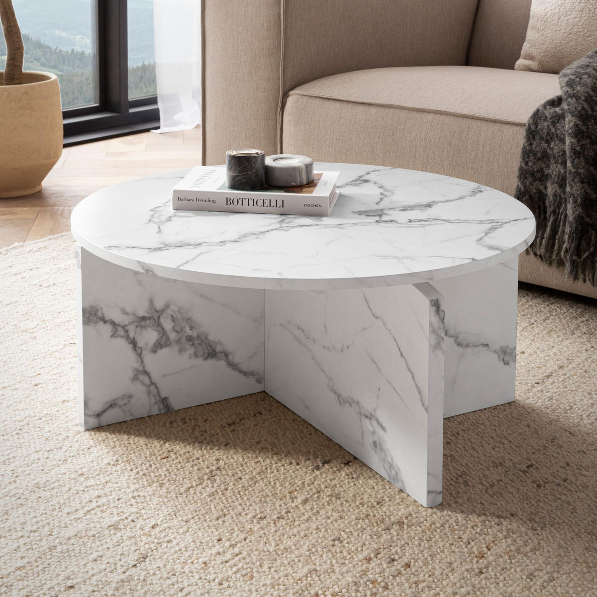 COUCHTISCH rund in Stein-Optik – modernes Design in Großformat, Weiß 70x70x33 cm - Weiß, Holzwerkstoff (70/70/33cm) - KADIMA DESIGN