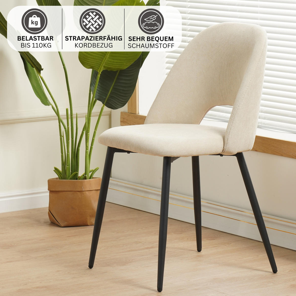 ESSZIMMERSTUHL SILVI Cord 2er Set Beige - Beige, Metall (48/81/53cm) - Albatros