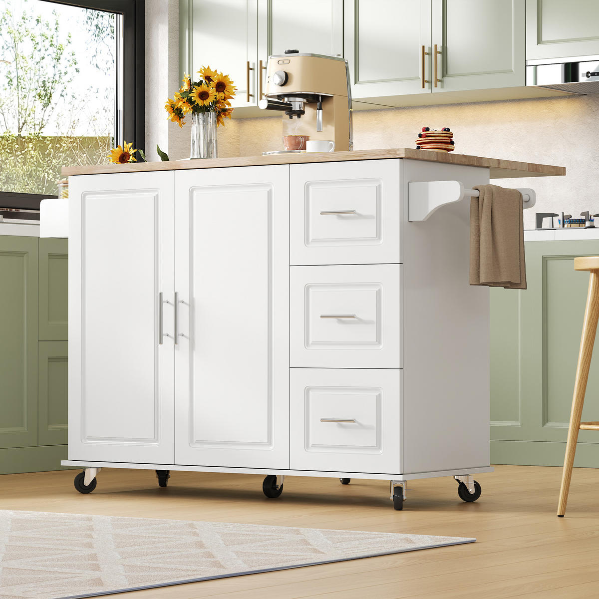 KÜCHENINSEL 137x76x92cm Weiß mit Klappplatte, Schrank, 3 Schubladen & Rollen - Weiß, Holzwerkstoff (137/92/76cm) - Modfu