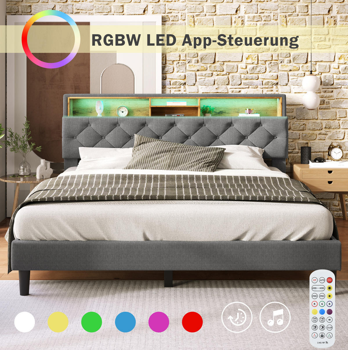 POLSTERBETT 140/200 cm Grau aus Massivholz mit Stauraum-Kopfteil und LED-Beleuchtung - Grau, Holz (140/200cm) - OKMYHOME
