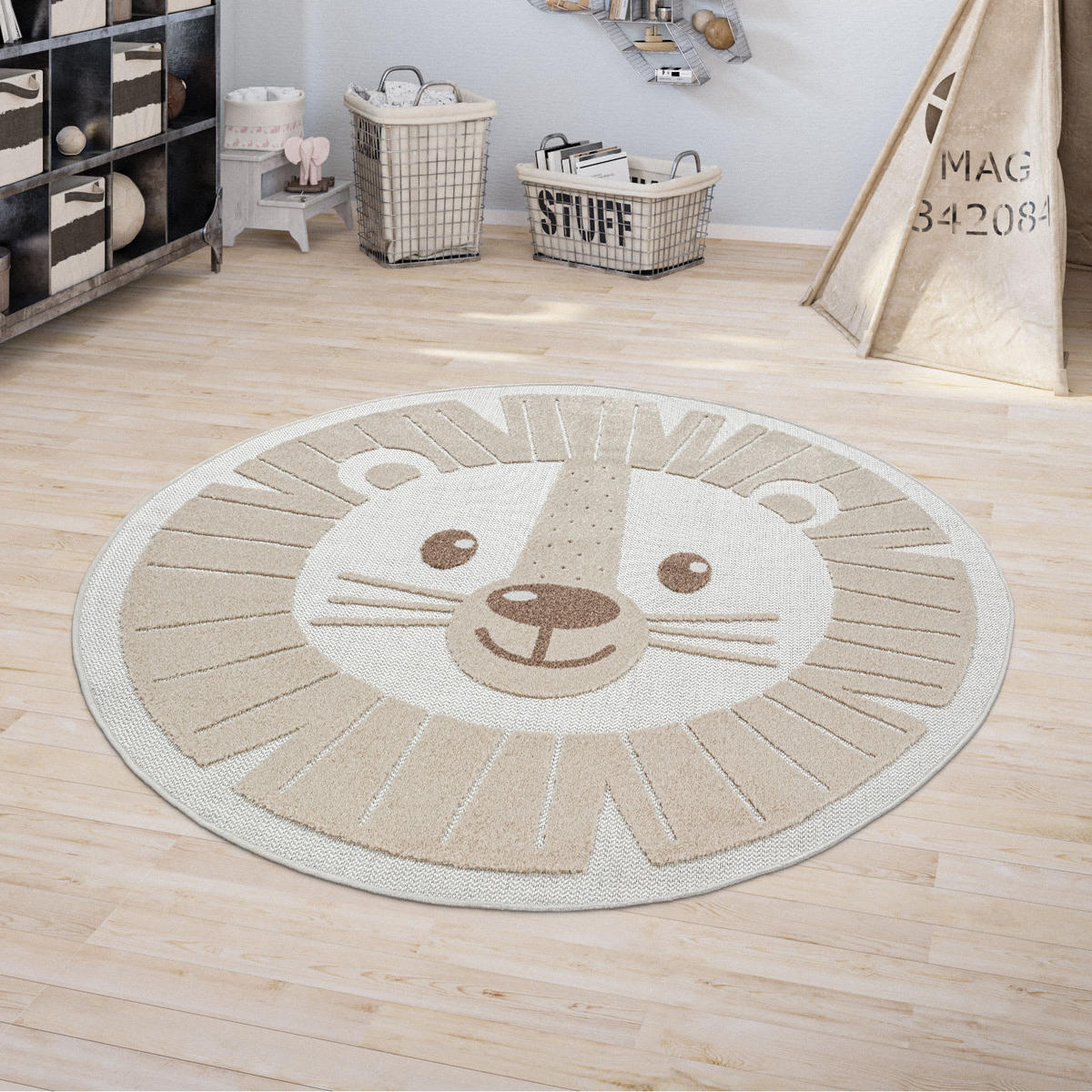 KINDERTEPPICH Löwe Kinderzimmer schmutzabweisend Beige Rund 200D - Beige, Textil (200/200cm) - KADIMA DESIGN