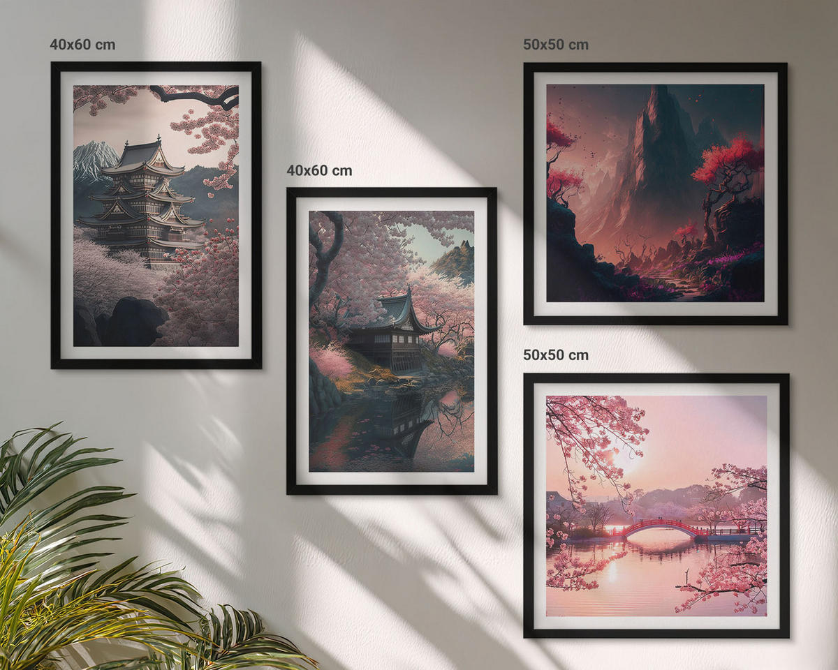 WANDBILDER 4er-Set - 50x50 cm & 40x60 cm Schwarzer Rahmen - Fantasielandschaften Japans - Schwarz, Kunststoff (50/50cm) - ArtPrintCave