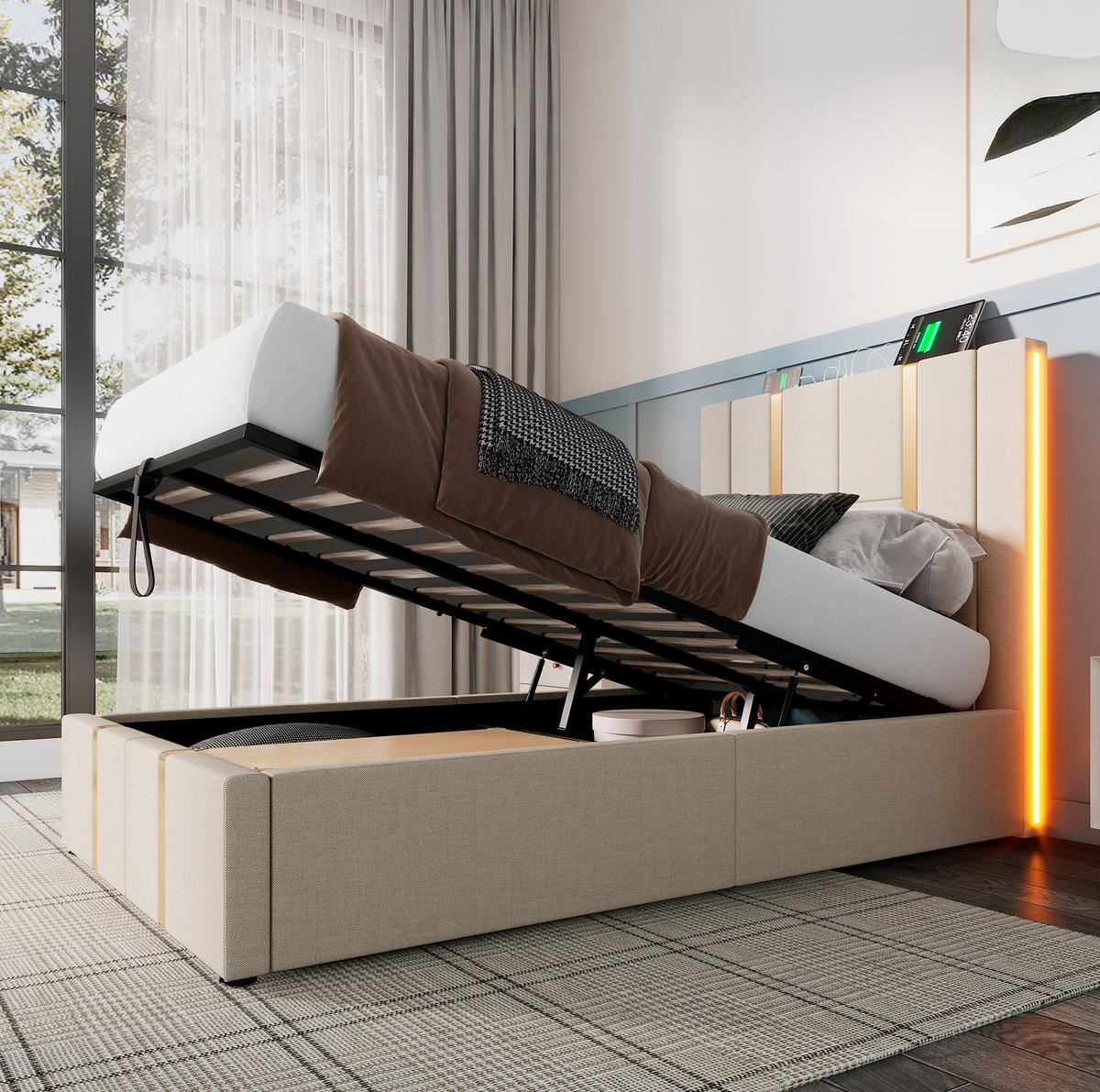 OBLAZINJENA postelja 90/200 cm z LED osvetlitvijo, USB-C polnjenjem in dvižnim prostorom, Bež - bež, tekstil (90/200cm) - Redom