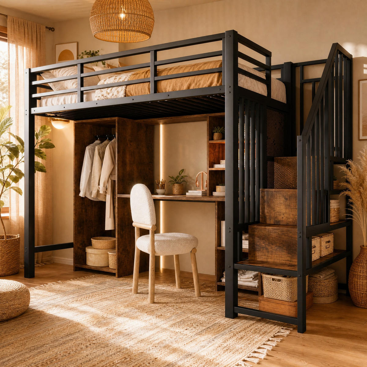 HOCHBETT 90/200 mit Kleiderschrank Schreibtisch und Stauraumtreppe in Schwarz - Schwarz, Holzwerkstoff/Metall (90/200cm) - EVRYAE