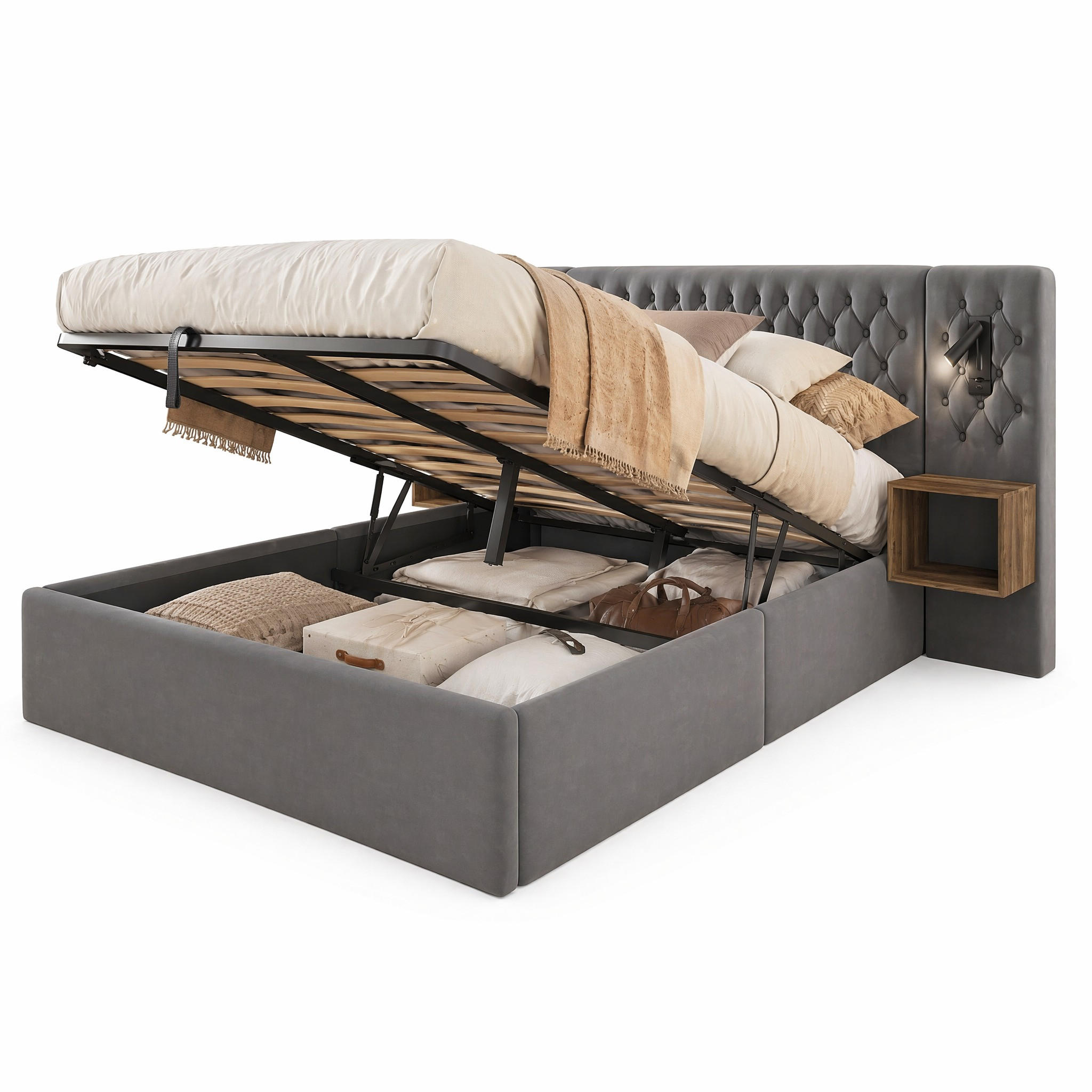 BETTANLAGE 160/200 cm in Grau Samt mit Bettkasten, Leselampen und USB - Grau, Holzwerkstoff/Textil (160/200cm) - STILVORA