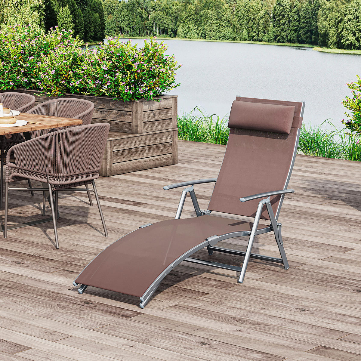 SONNENLIEGE, klappbar mit Kissen, Metall+Stoff, Braun, 137 x 63,5 x 100,5 cm - Braun, Metall (63.5/100.5/137cm) - Outsunny