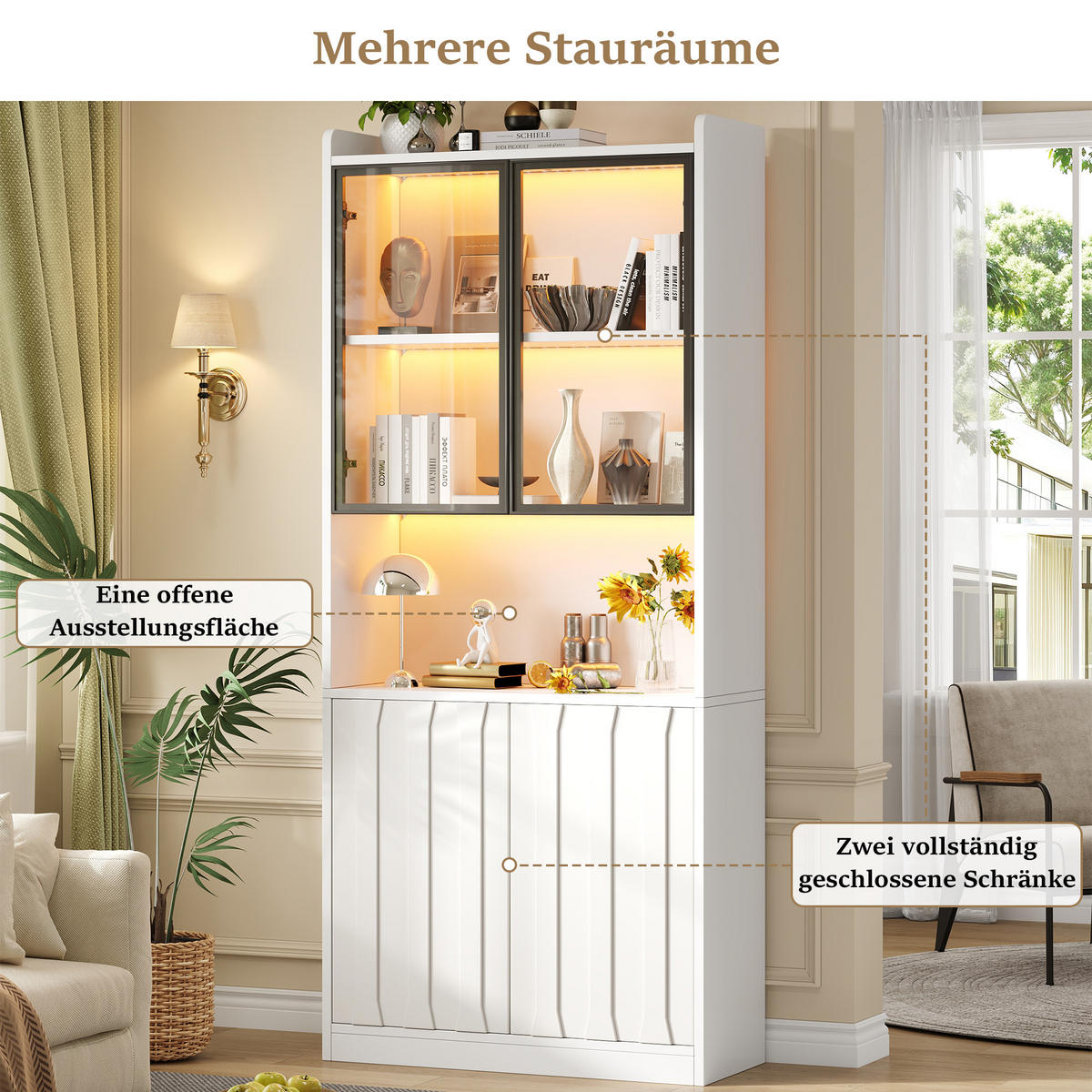 VITRINE 2er-Set 160x35x200 cm Weiß LED Glastüren - Weiß, Holzwerkstoff (160/200/35cm) - FLIEKS