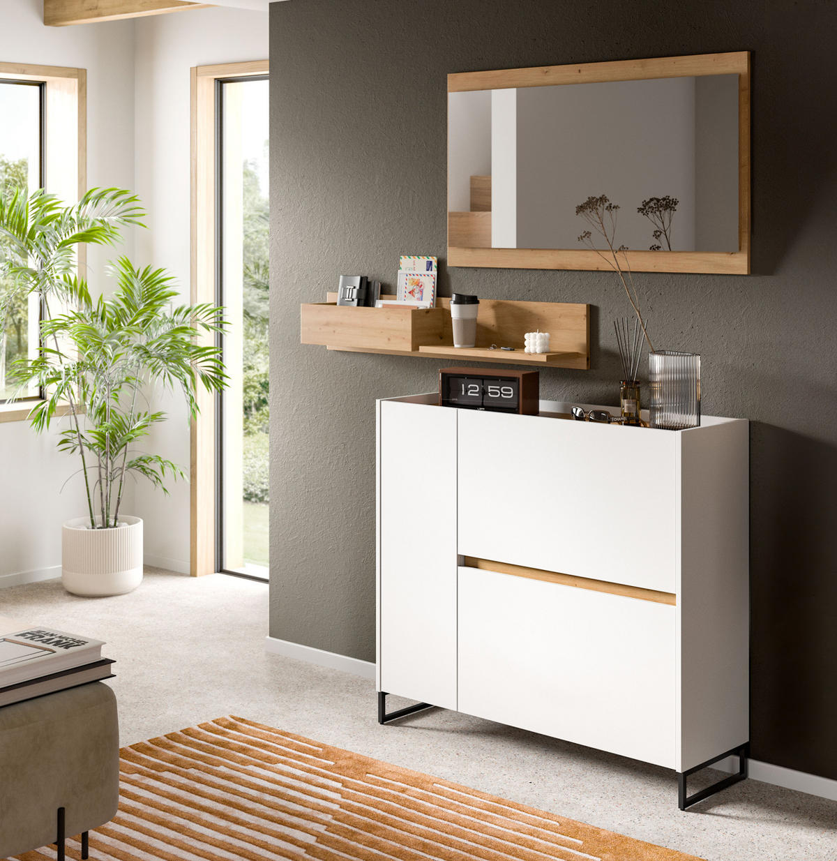 GARDEROBE-SET weiß und Artisan Eiche, Garderobe 3-teilig, 140 x 192 cm, Soft-Close, Borga - Schwarz/Weiß, Holzwerkstoff/Metall (140/192/32cm) - Inn.Furn