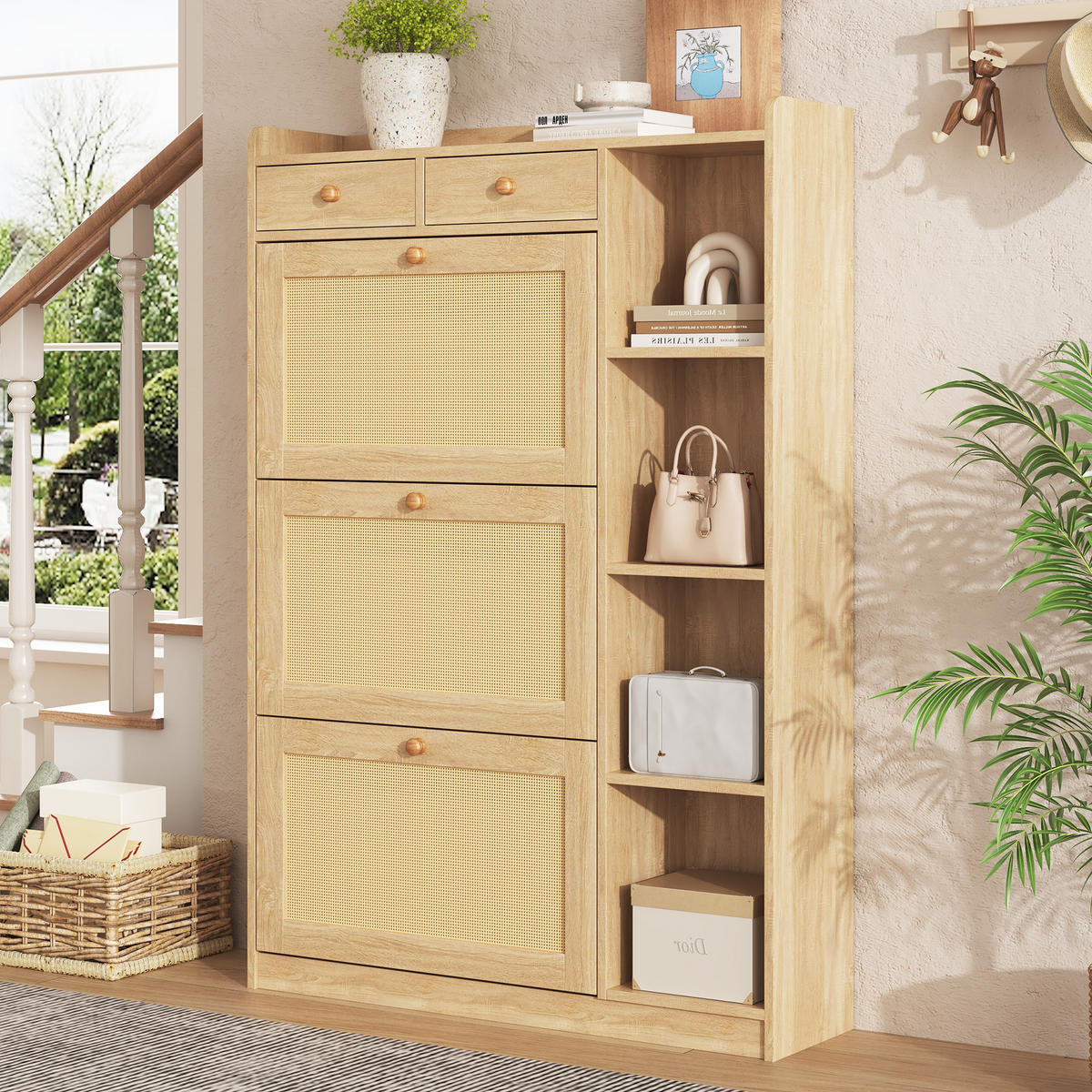 SCHUHSCHRANK 90x24x130cm Rattan mit 3 Klappen, 2 Schubl. - Naturfarben, Holzwerkstoff (90/130/24cm) - FLIEKS