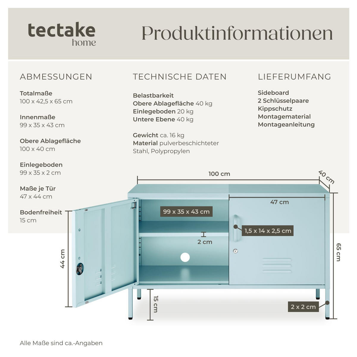 SIDEBOARD Baker, Kippschutz, höhenverstellbare Füße, grau/blau - Blau/Grau, Metall (100/65/42.5cm) - tectake