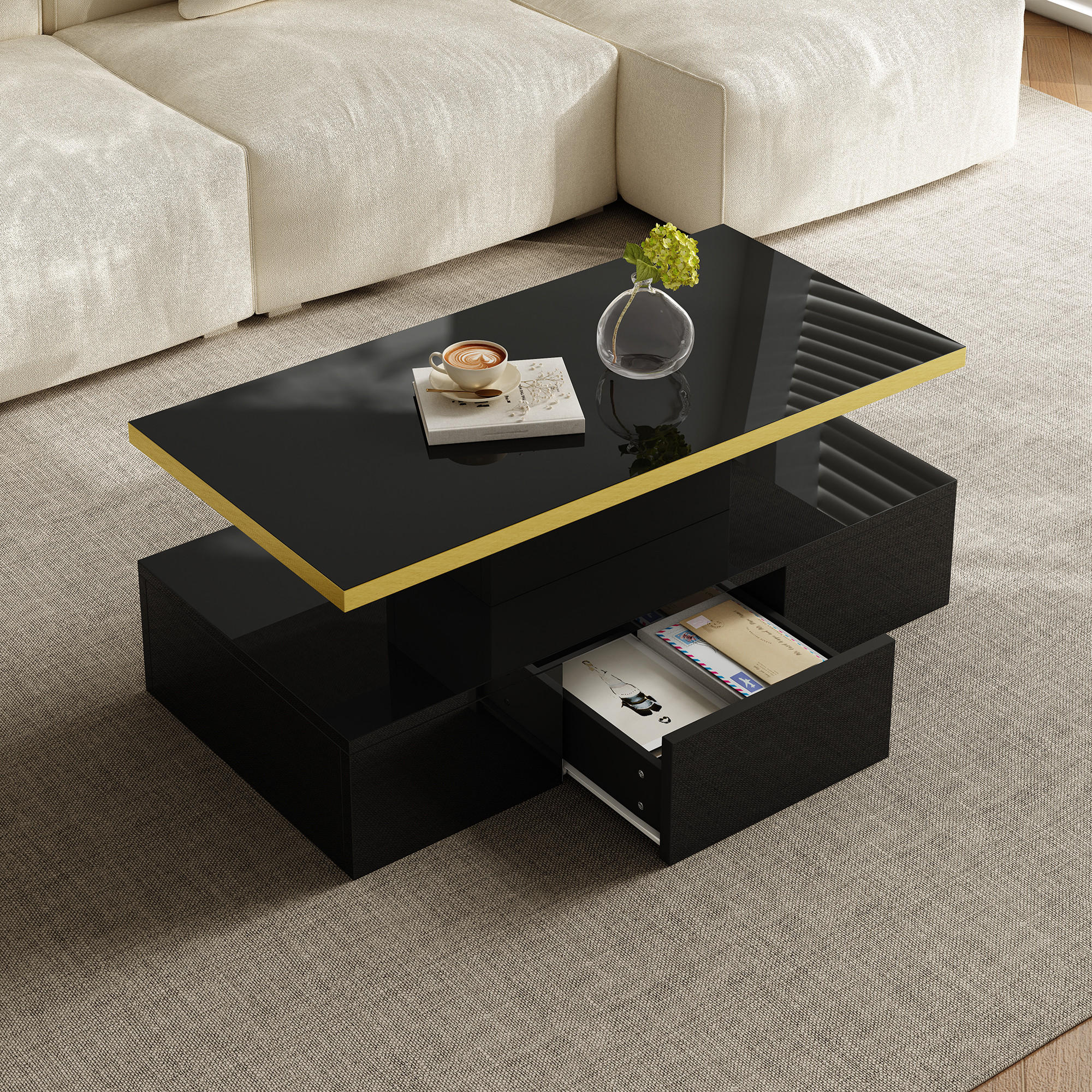 COUCHTISCH Hochglanz LED 2 Ebenen - Schwarz, Holzwerkstoff (50/100/39cm) - Fortuna Lai