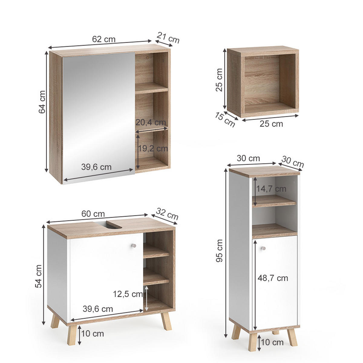 BADMÖBEL-SET Senyo Weiß 4 Teile, mit Midischrank - Weiß/Sonoma Eiche, Holzwerkstoff (62/54/32cm) - Vicco