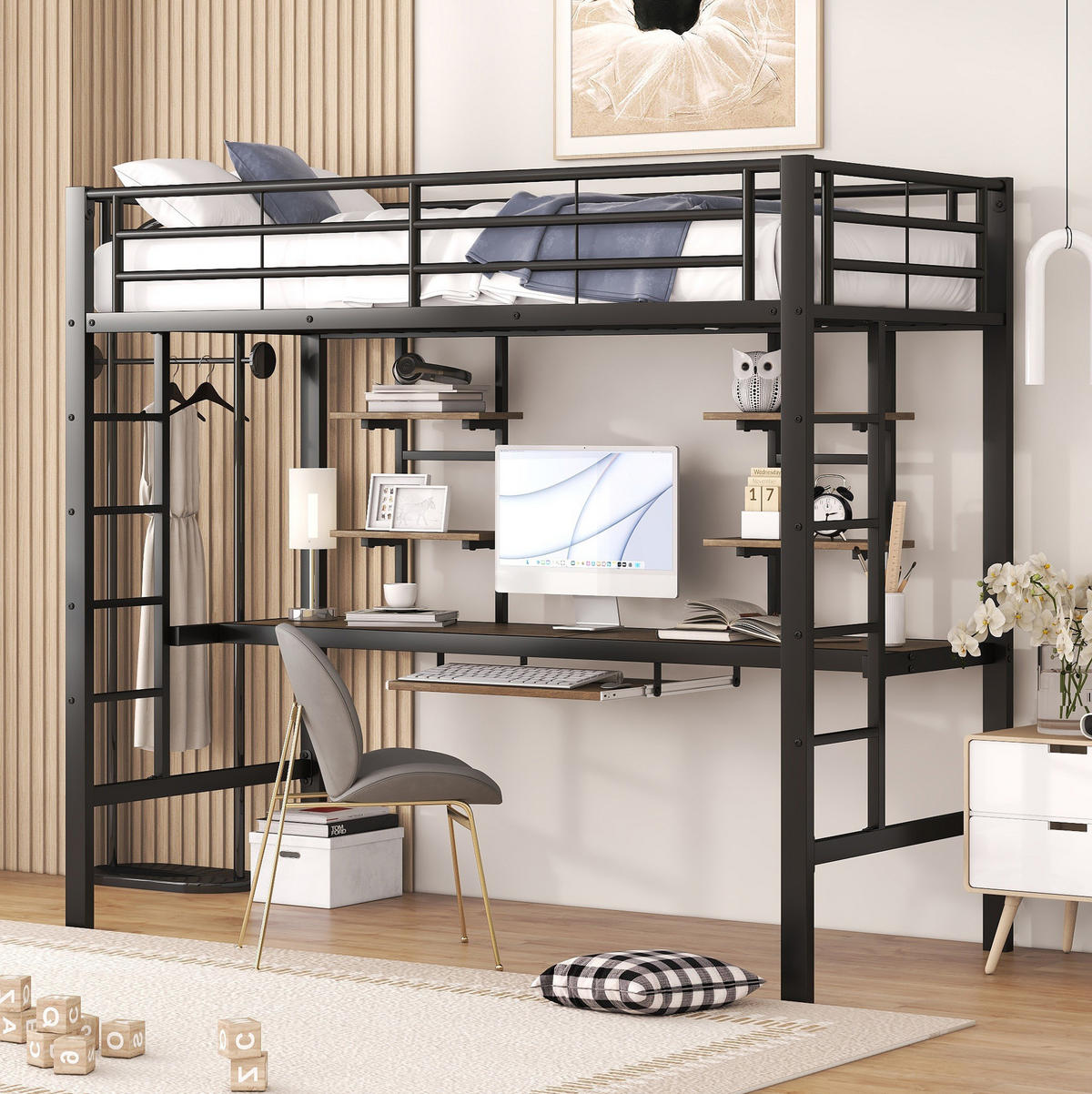 HOCHBETT 90/200 cm Schwarz aus Metall mit Schreibtisch und 2 Regalen - Schwarz, Metall (90/200cm) - OKMYHOME