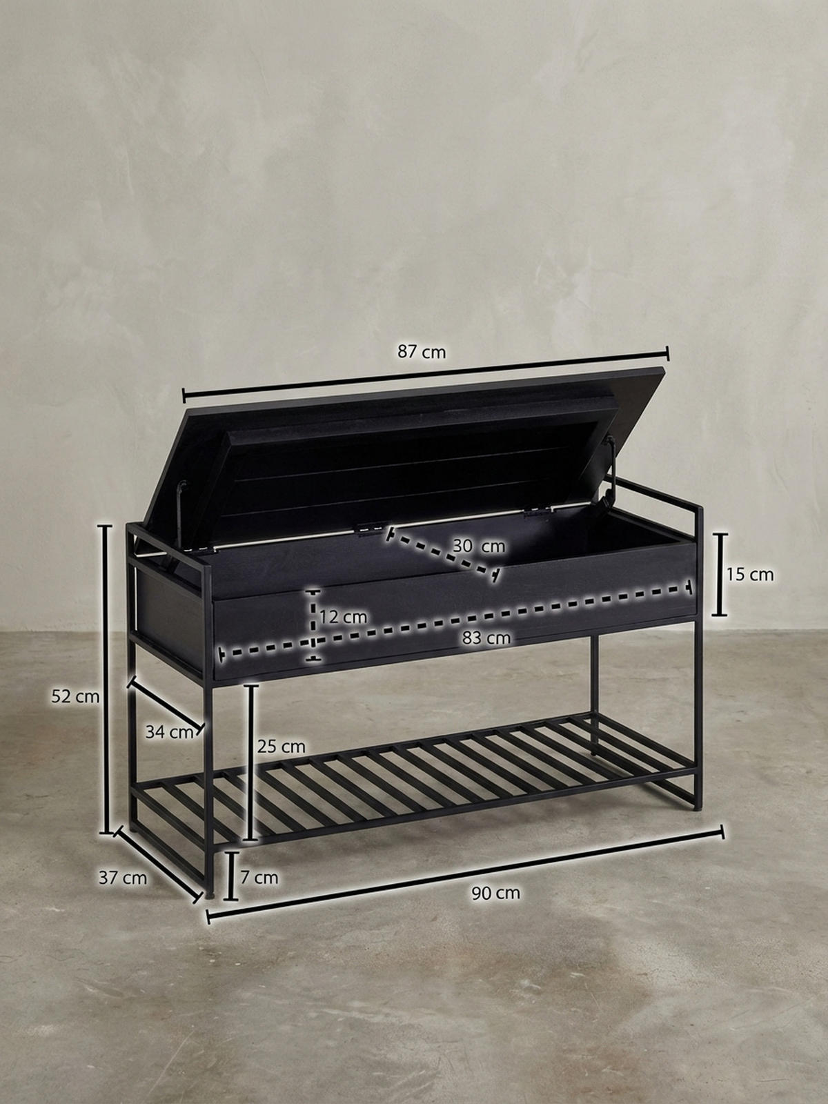 FLURBANK Holz Metall Sitzfläche hochklappbar, Schwarz 90x38x52 cm - Schwarz, Holz/Metall (90/52/38cm) - KADIMA DESIGN
