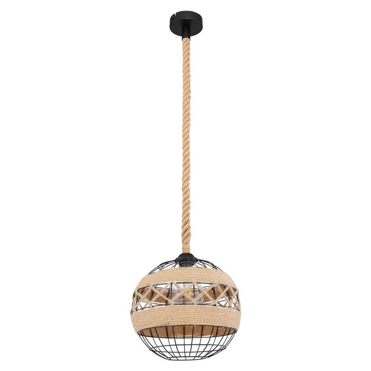 HÄNGELEUCHTE Hanfseil Schwarz Gitteroptik - Schwarz, Metall (30/30/120cm) - Globo Lighting
