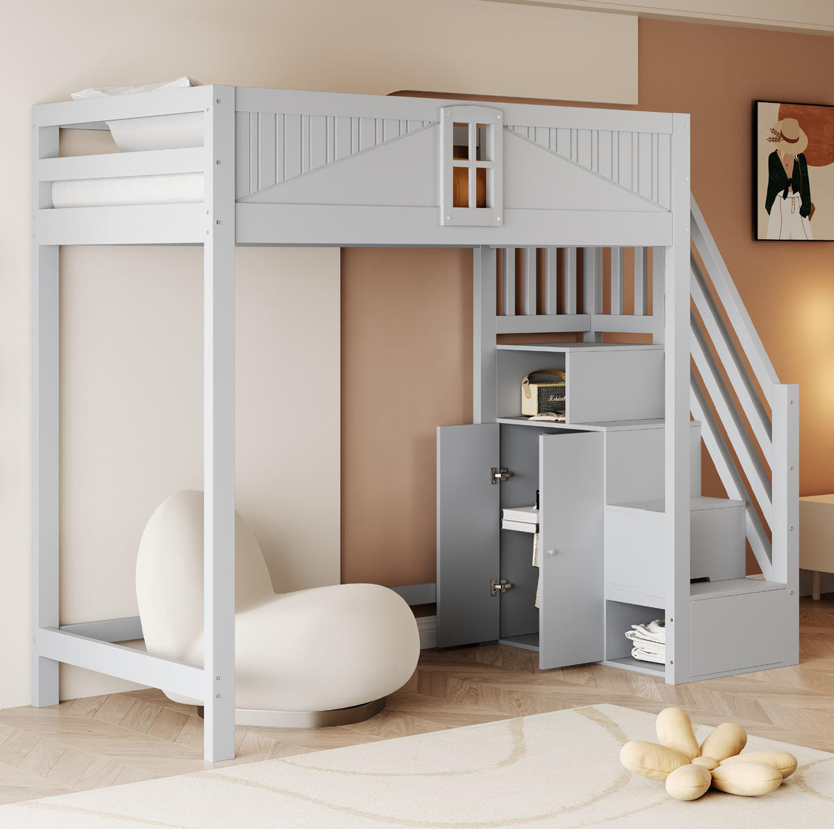 HOCHBETT 90/200 cm aus Massivholz in Grau – mit Rausfallschutz und Leiter - Grau, Holzwerkstoff (90/200cm) - BEAOK