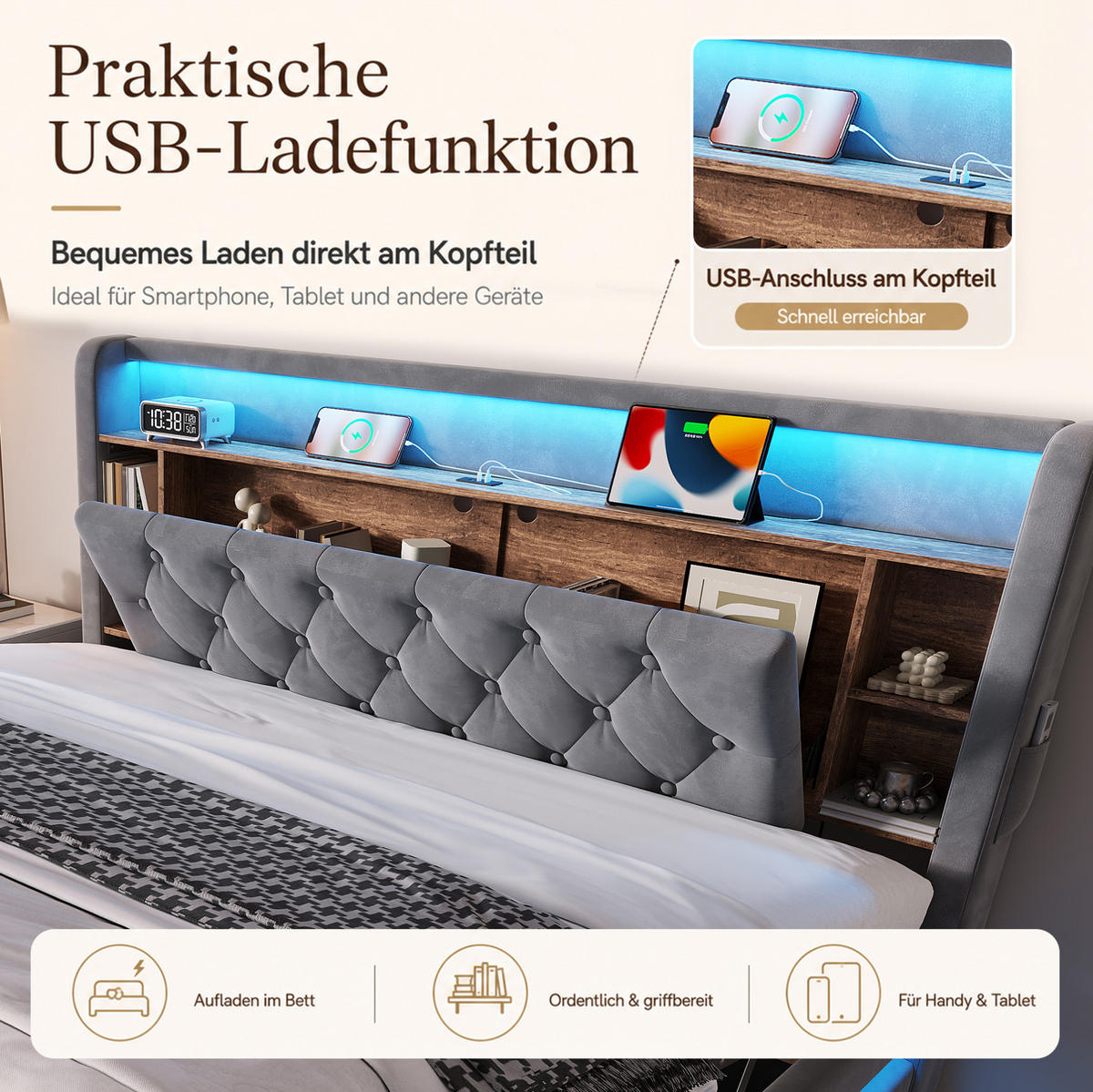 POLSTERBETT für 180x200 cm Matratzen in Dunkelgrau mit LED, Bettkasten und USB - Dunkelgrau, Textil (180/200cm) - IVMEU