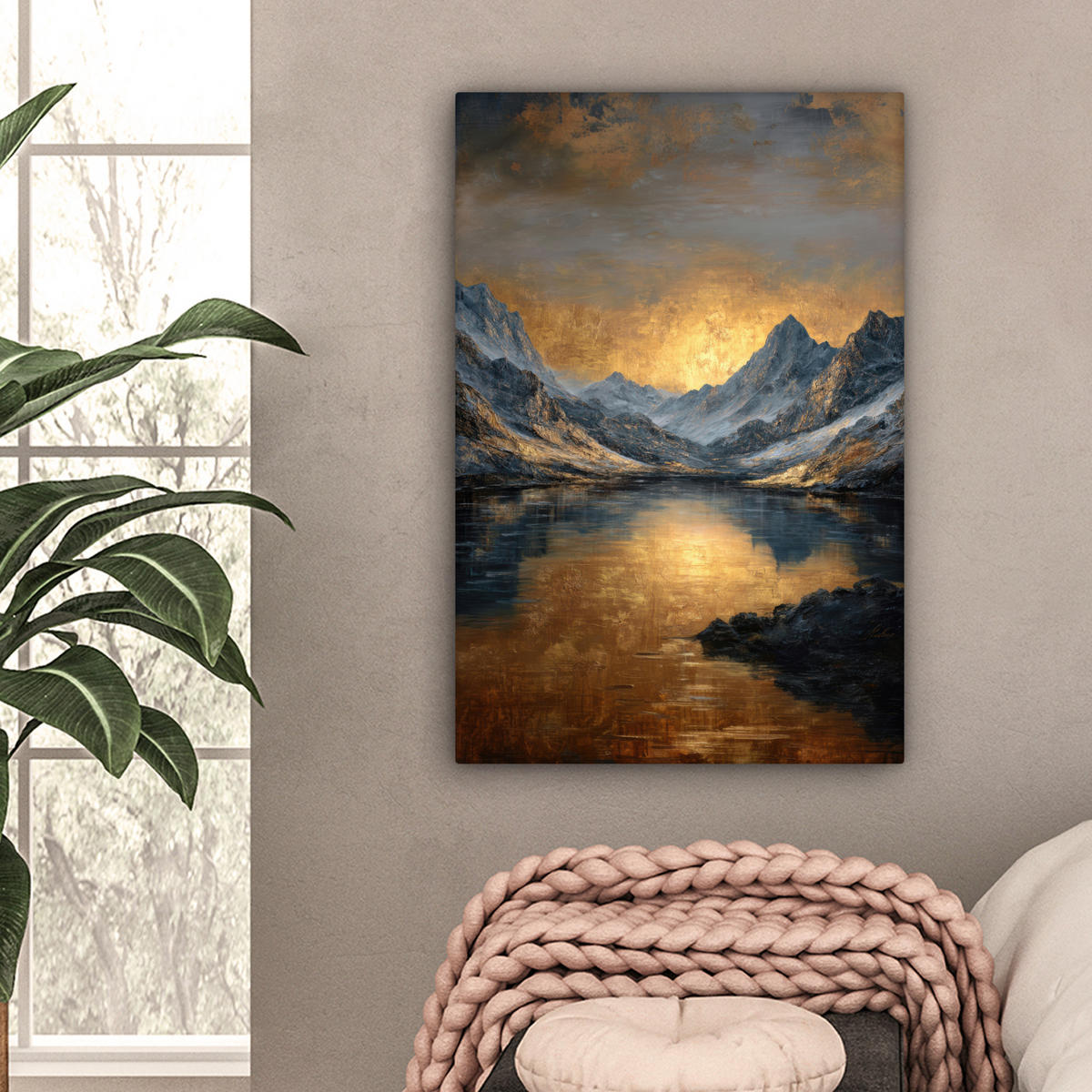 LEINWANDBILD Bergkulisse mit goldenem Sonnenuntergang Wanddeko Schlafzimmer 60x90 cm - Goldfarben, Textil (60/90cm) - MuchoWow