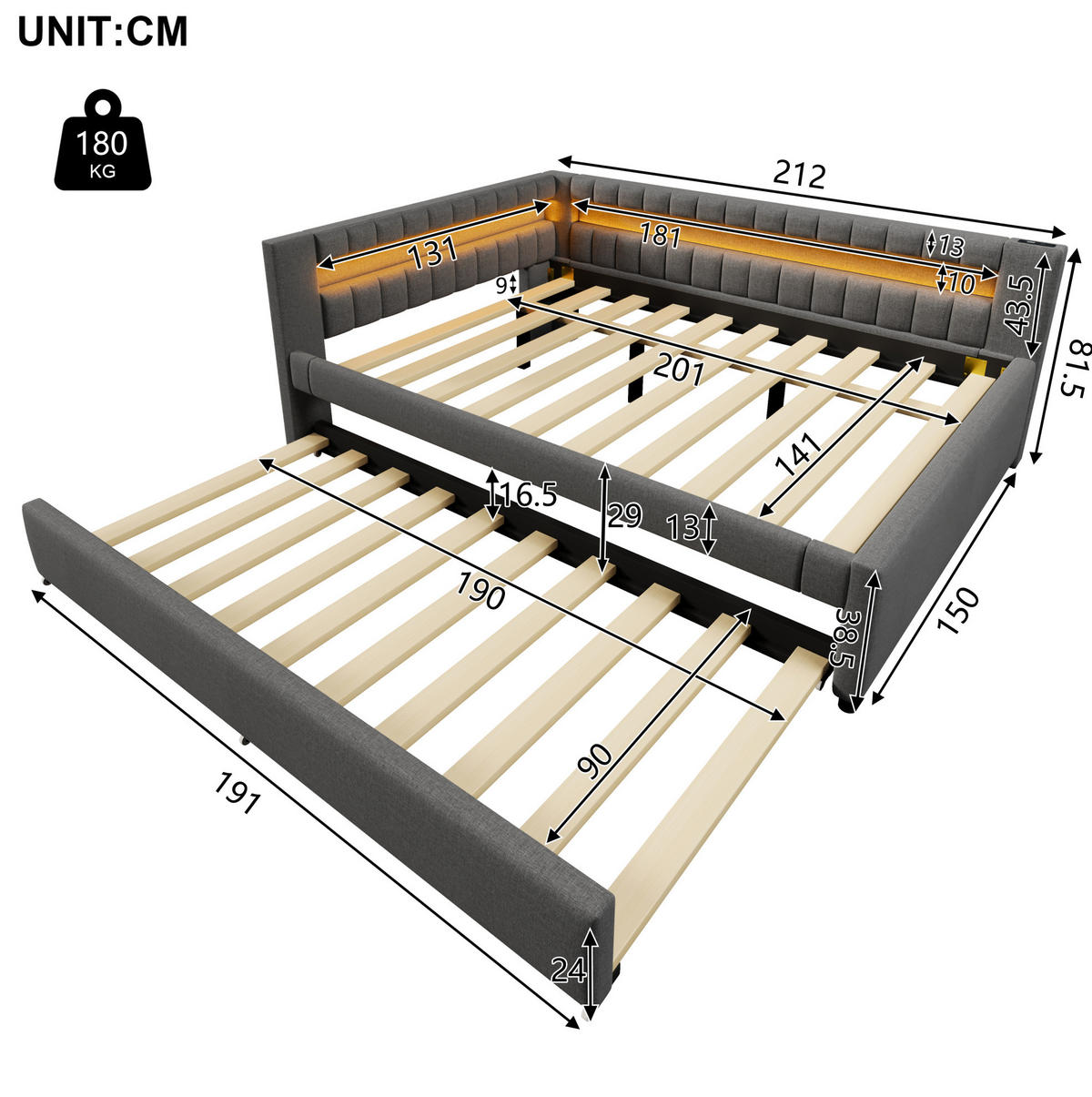 ČALÚNENÁ posteľ 140/200 cm sivá, ľanový poťah, s výsuvným lôžkom, LED osvetlením a USB/USB-C - sivá, textil (140/200cm) - BEAOK